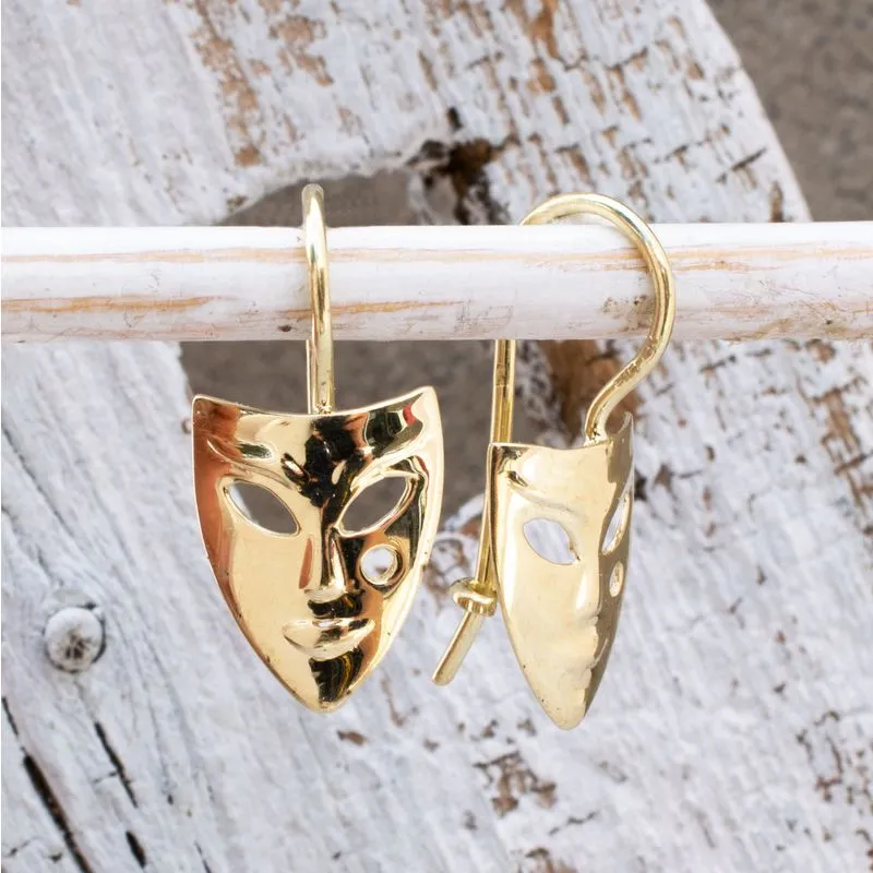 14K Yellow Gold Dangle Mask Earrings