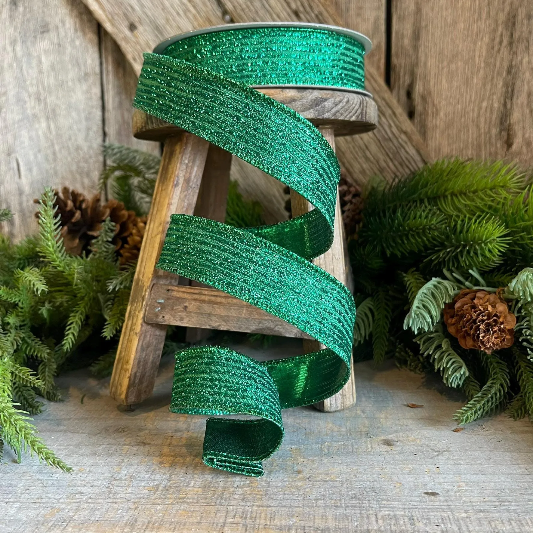 1" Emerald Green Random Stripes Ribbon, Farrisilk ribbon