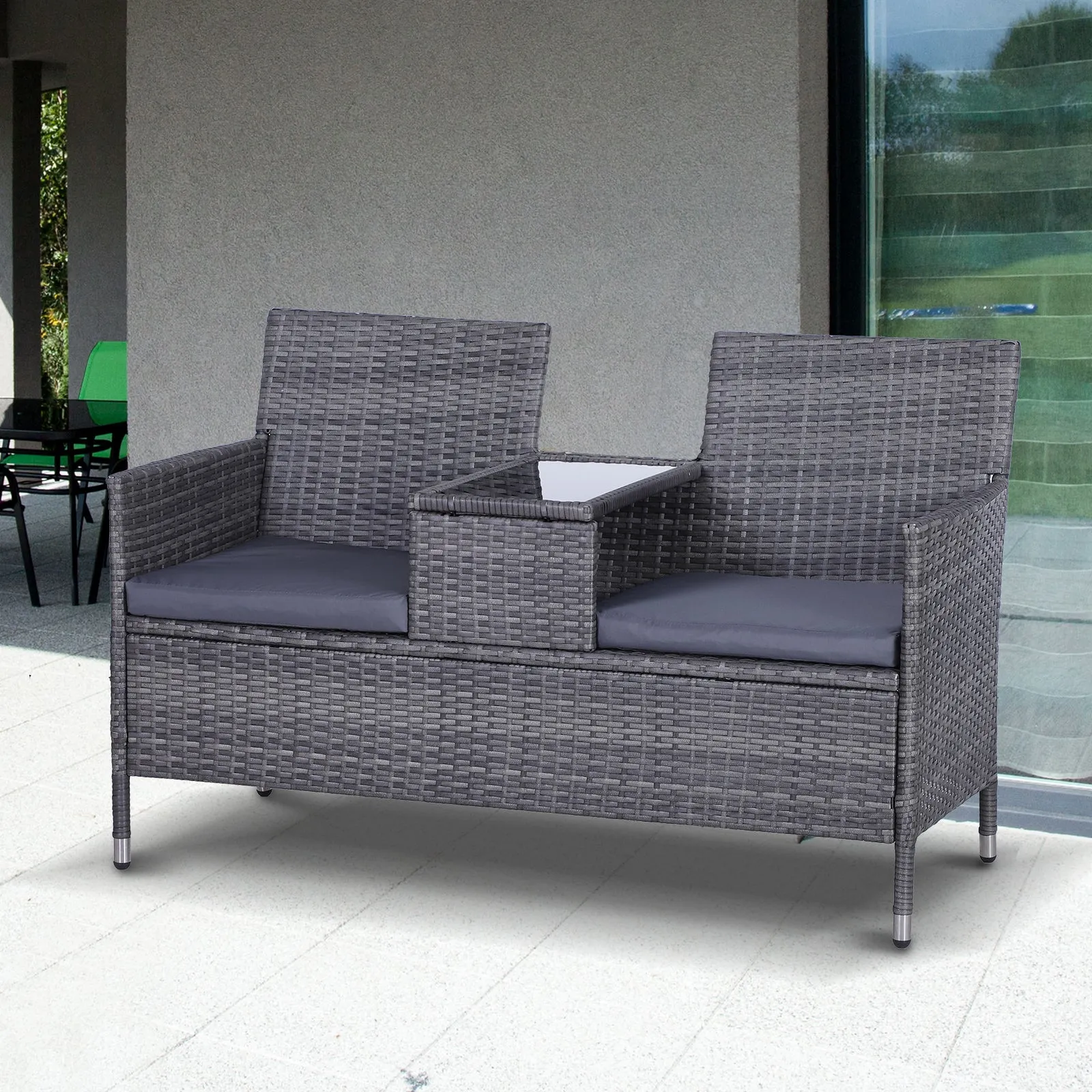 2-Seater PE Rattan Outdoor Garden Bench w/ Centre Table Greyratt