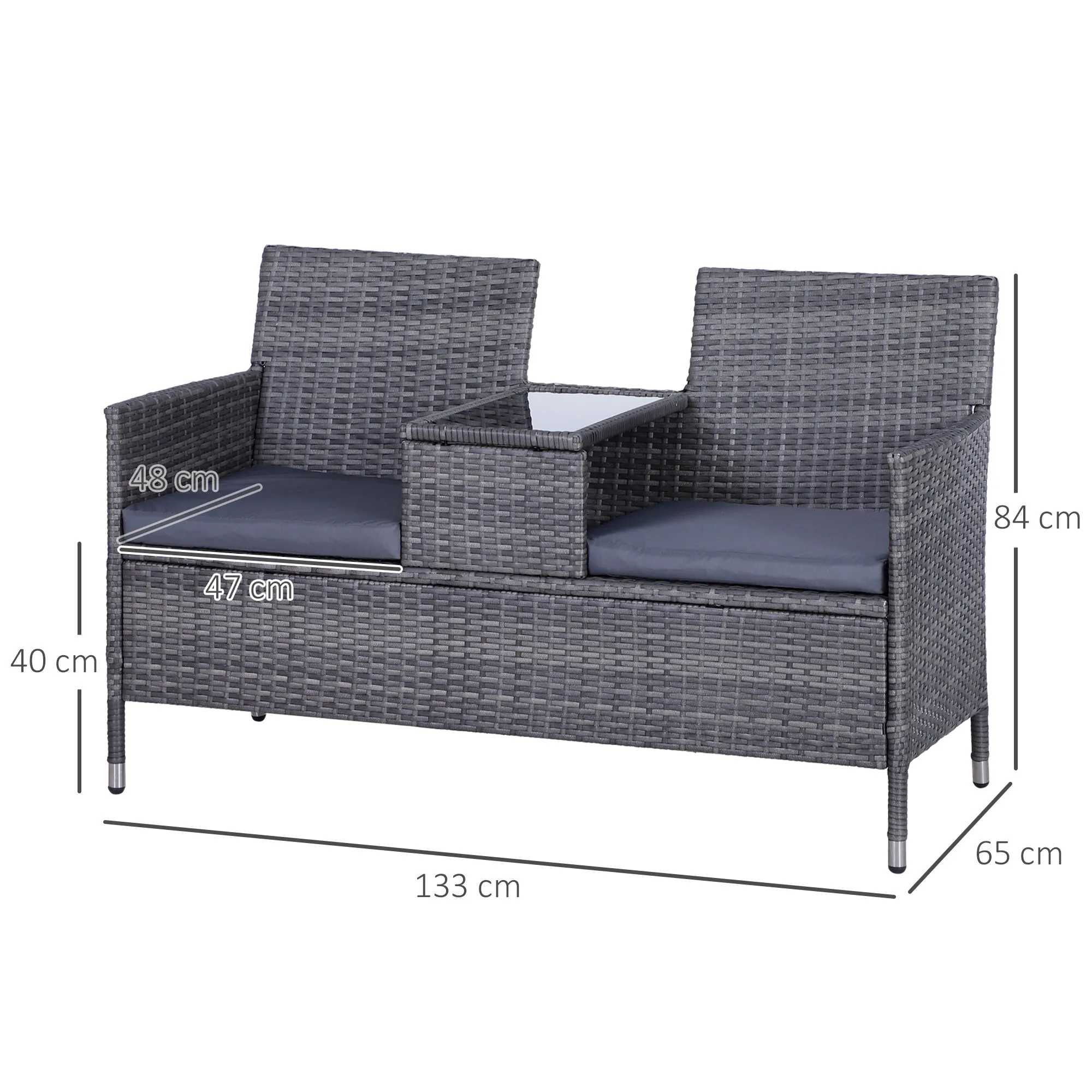 2-Seater PE Rattan Outdoor Garden Bench w/ Centre Table Greyratt