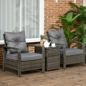 3 pcs PE Rattan Wicker Garden Furniture Patio Bistro Set Weave Conservatory Sofa Storage Table and Chairs Set Grey Cushion & Wicker