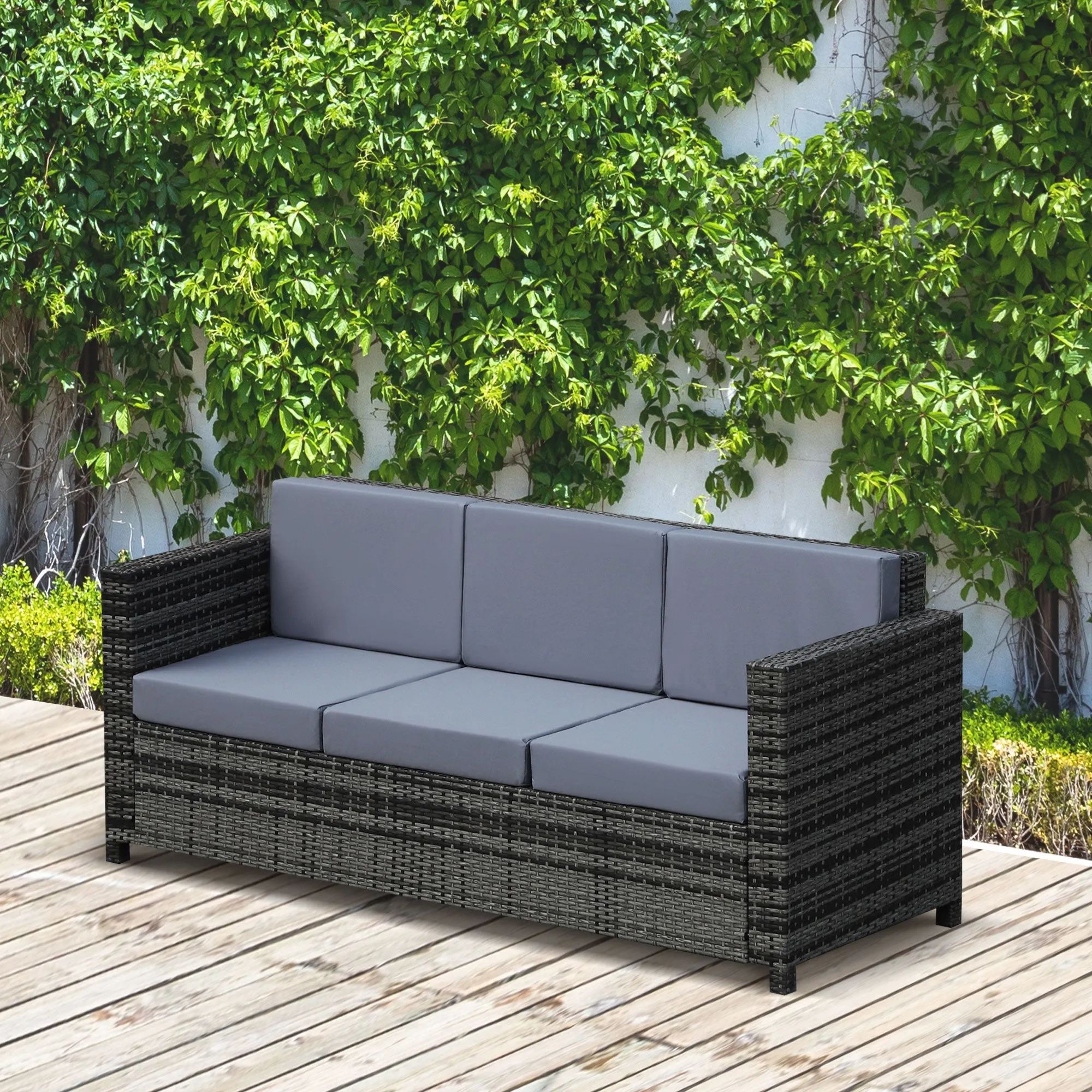 3-Seater Weather Resistant Outdoor Garden Rattan Sofa - Mixed Grey