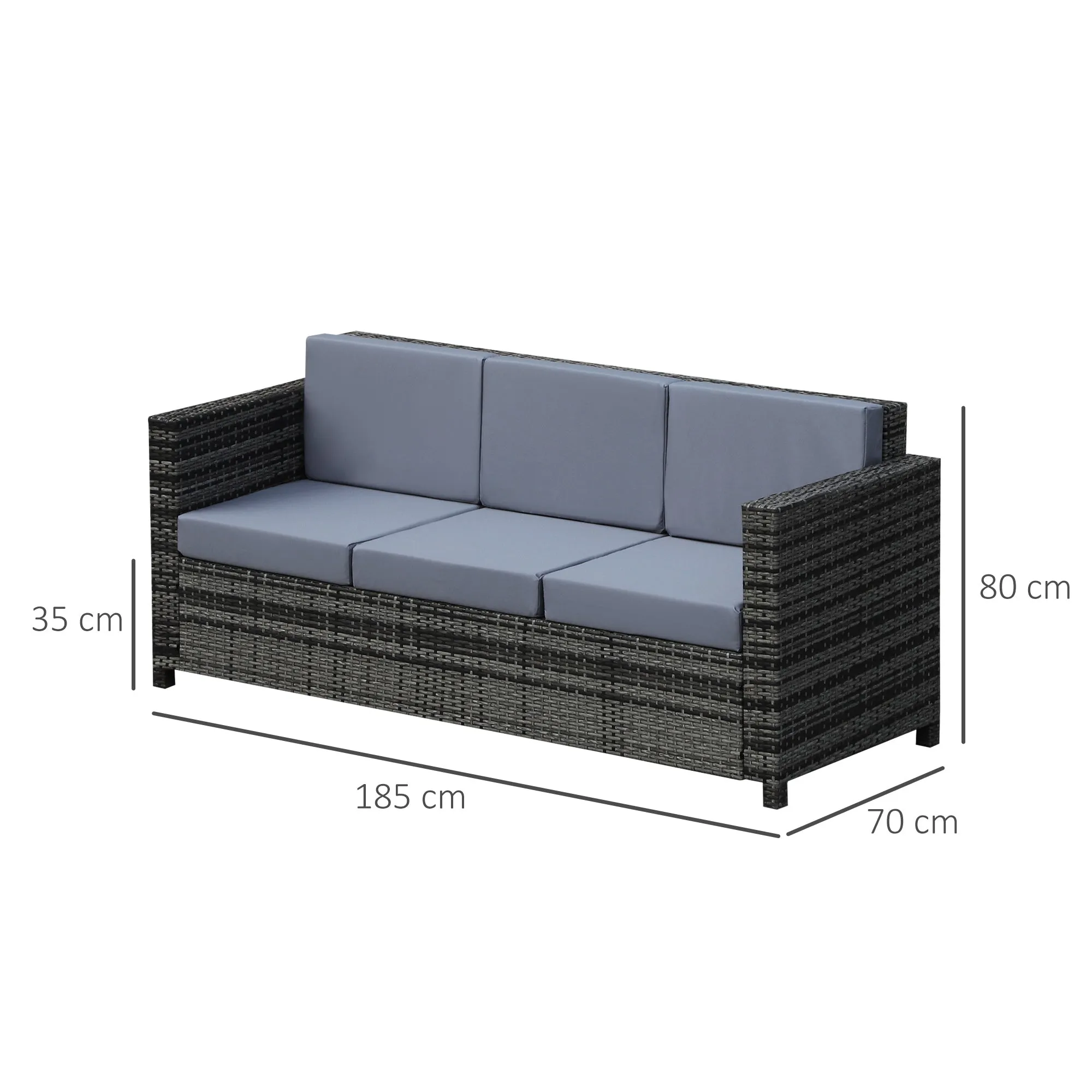 3-Seater Weather Resistant Outdoor Garden Rattan Sofa - Mixed Grey