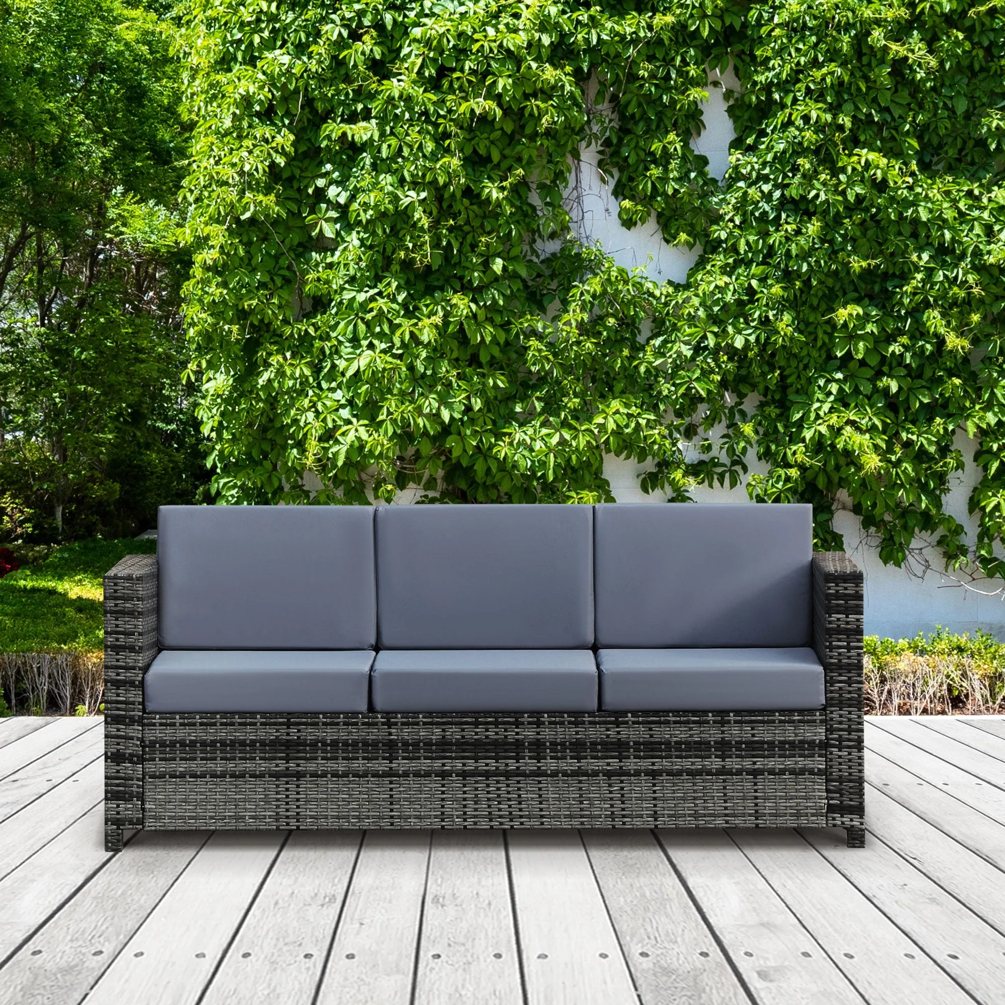 3-Seater Weather Resistant Outdoor Garden Rattan Sofa - Mixed Grey