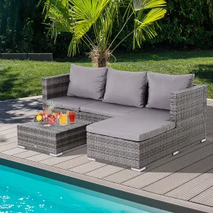 3PC Rattan Garden Furniture Storage Sofa Set 4 Seater Wicker Coffee Table Conservatory Sun Lounger Reclining Set Outdoor Weave with Cushion Grey