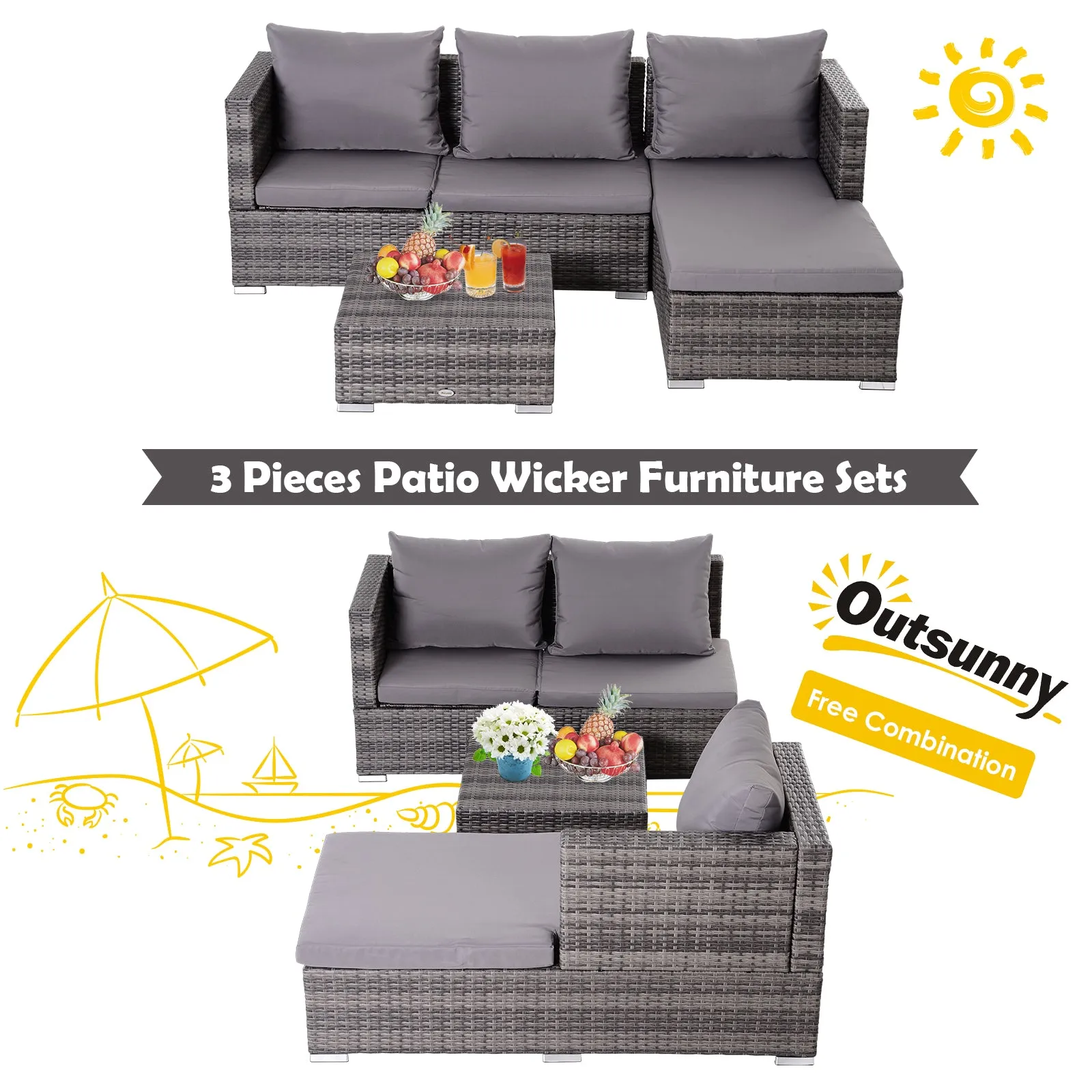 3PC Rattan Garden Furniture Storage Sofa Set 4 Seater Wicker Coffee Table Conservatory Sun Lounger Reclining Set Outdoor Weave with Cushion Grey