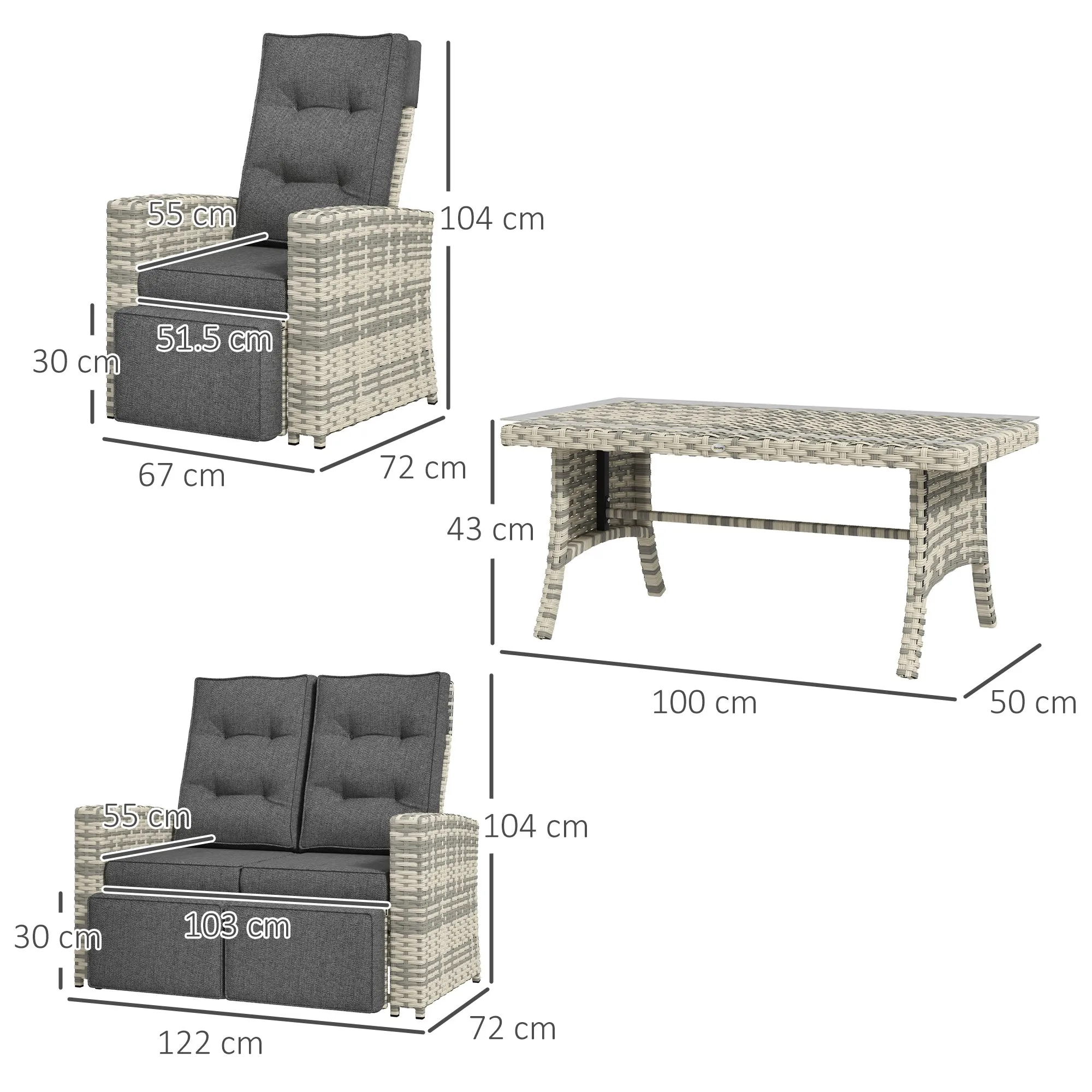 4 Piece Rattan Garden Furniture Set Outdoor Sofa Sectional Set with Glass Top Table for Yard, Poolside, Grey