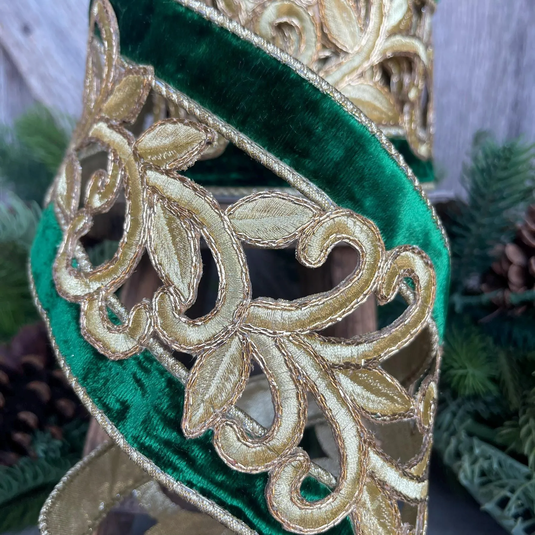 4" Emerald Green Gold Embroidered Lancet Ribbon, Farrisilk Ribbon