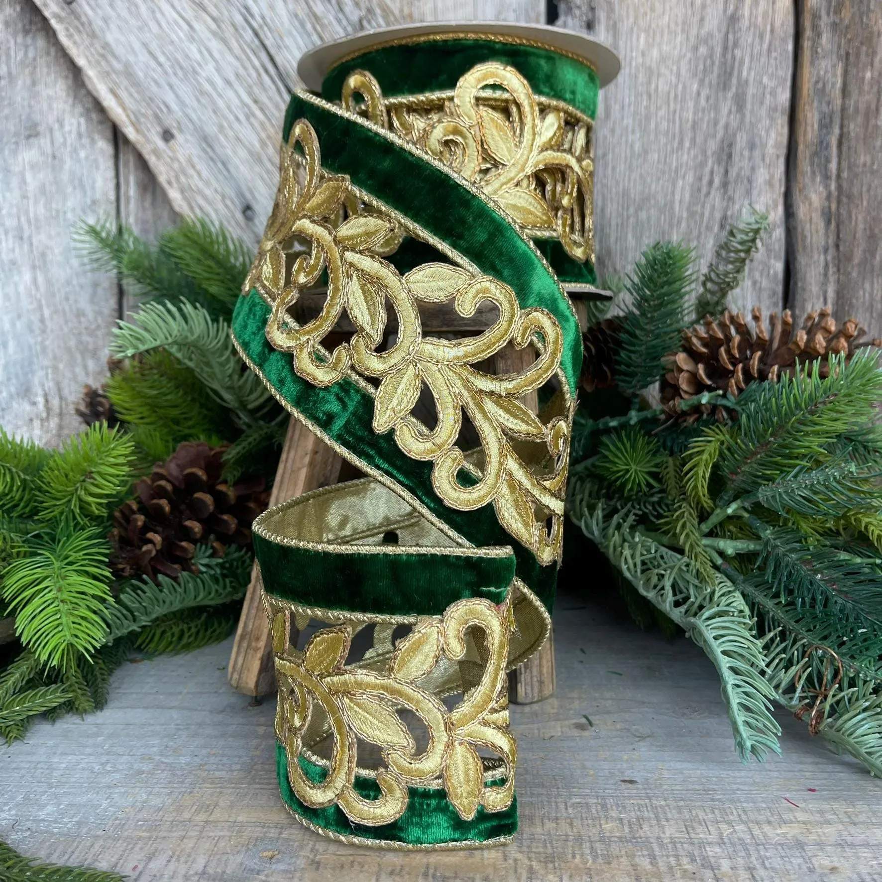 4" Emerald Green Gold Embroidered Lancet Ribbon, Farrisilk Ribbon