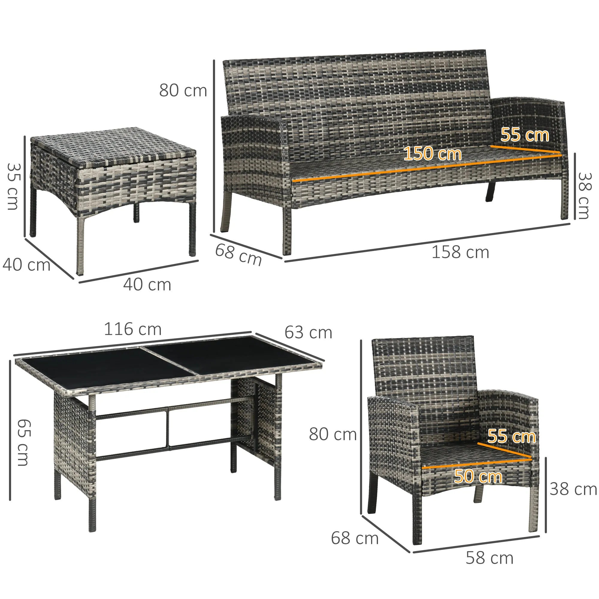 5 Seater Rattan Garden Furniture Set, 2 Armchairs, 3-seater Wicker Sofa, 2 Footstools Glass Table 6 Piece Patio Sofa Sets for Conservatory