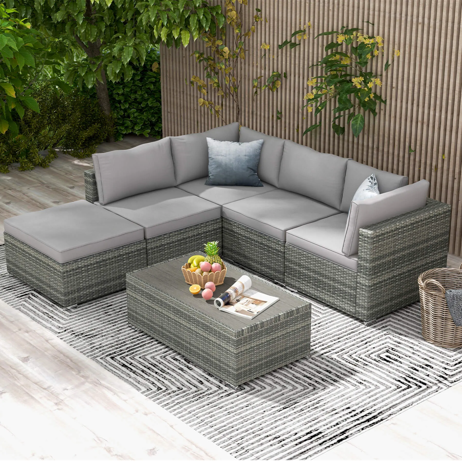 6 Pcs Outdoor Sectional Sofa Set Clearance Patio Rattan Furniture with Coffee Table, All Weather Wicker Conversation Set(Grey)