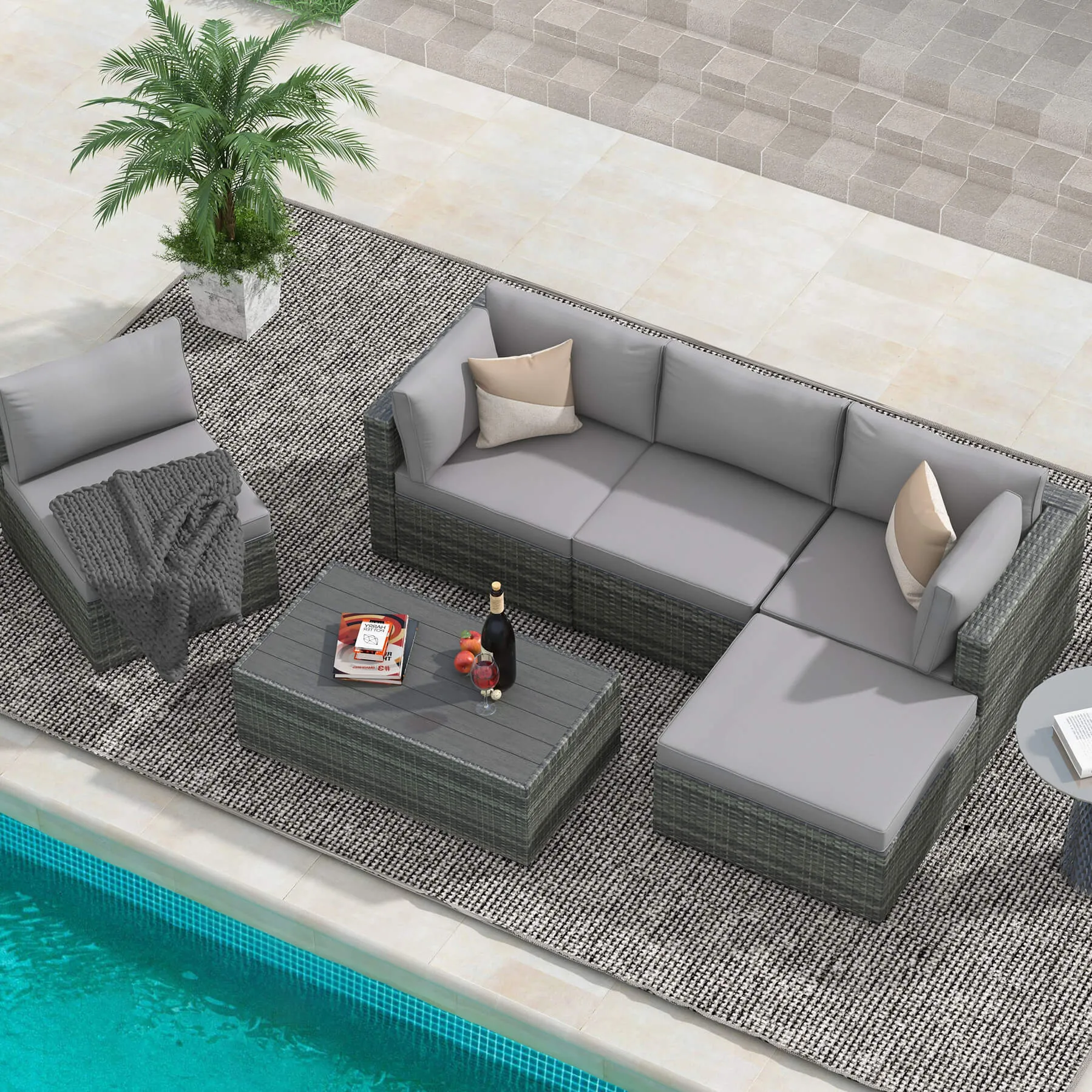 6 Pcs Outdoor Sectional Sofa Set Clearance Patio Rattan Furniture with Coffee Table, All Weather Wicker Conversation Set(Grey)