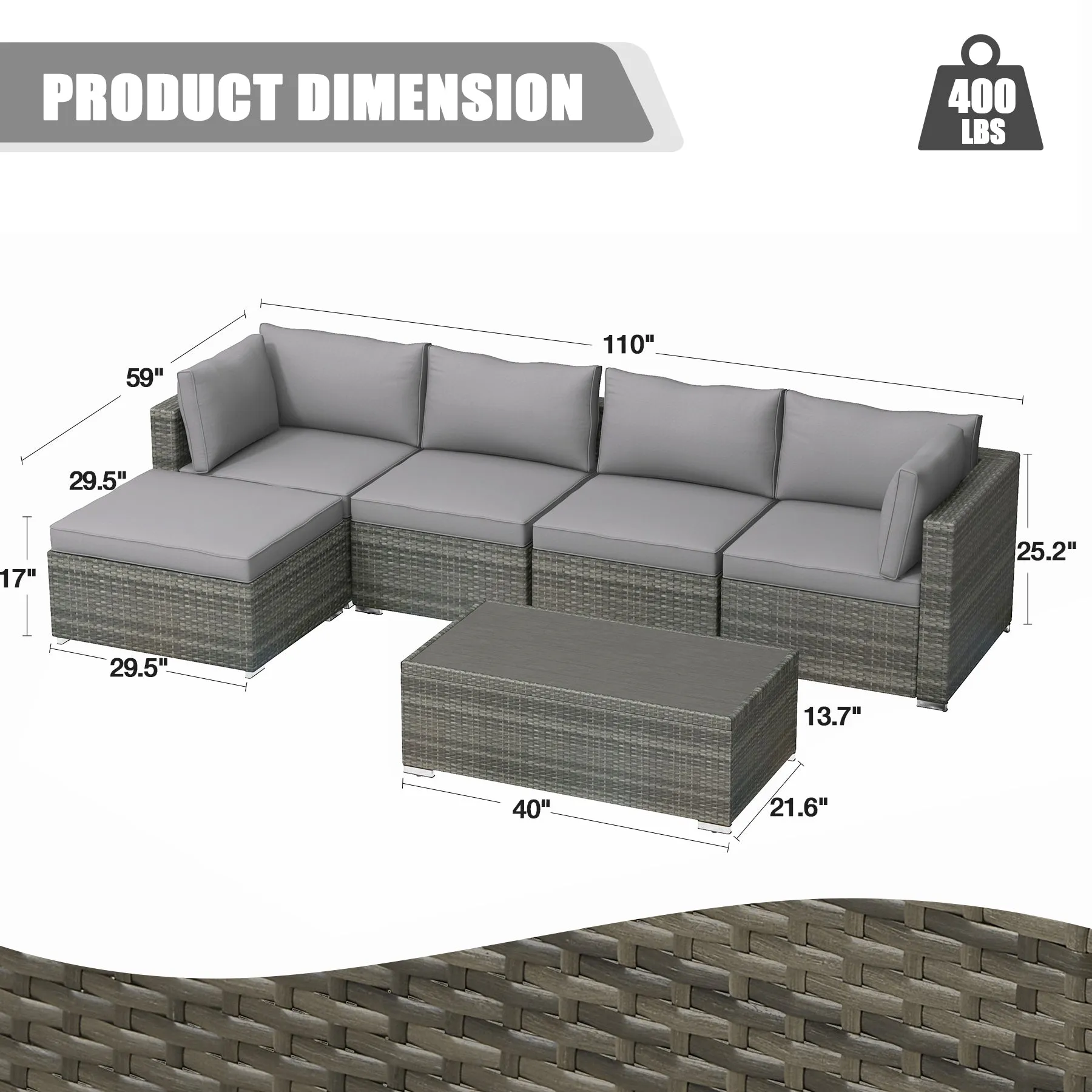 6 Pcs Outdoor Sectional Sofa Set Clearance Patio Rattan Furniture with Coffee Table, All Weather Wicker Conversation Set(Grey)