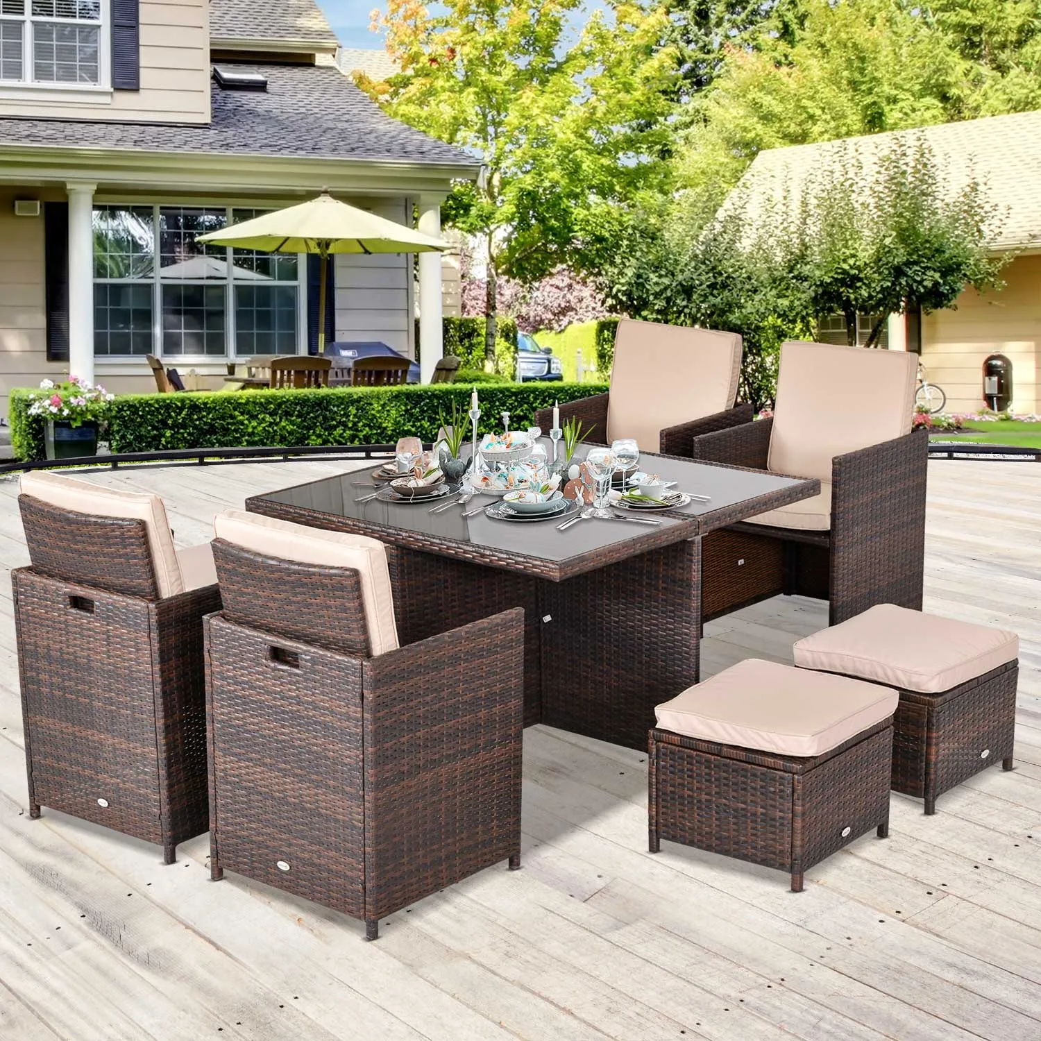 9PC Rattan Garden Furniture Set 8-seater Wicker Outdoor Dining Set Chairs   Footrest   Table Thick Cushion - Brown