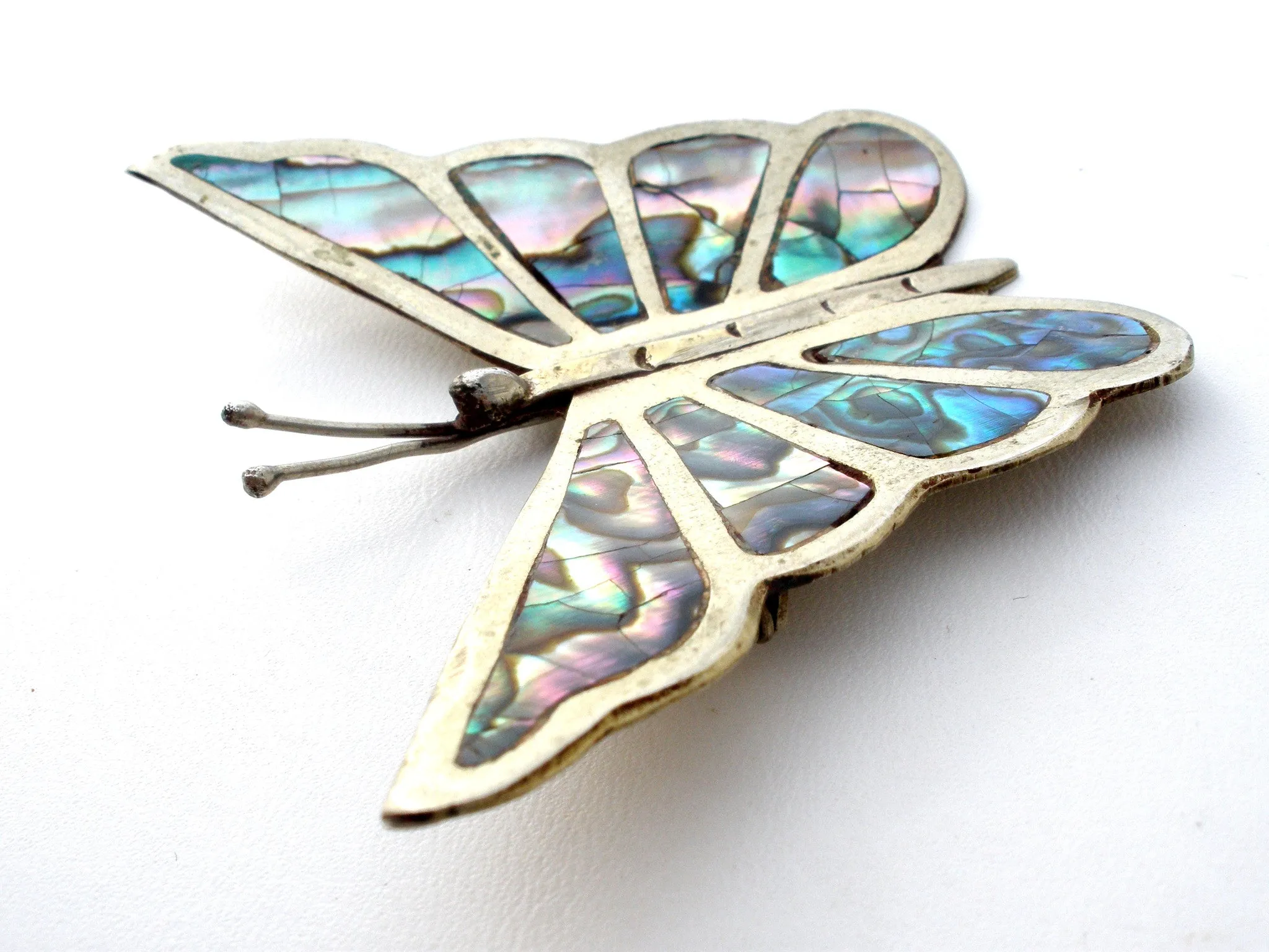 Abalone Shell Butterfly Brooch Pin Sterling Silver Vintage