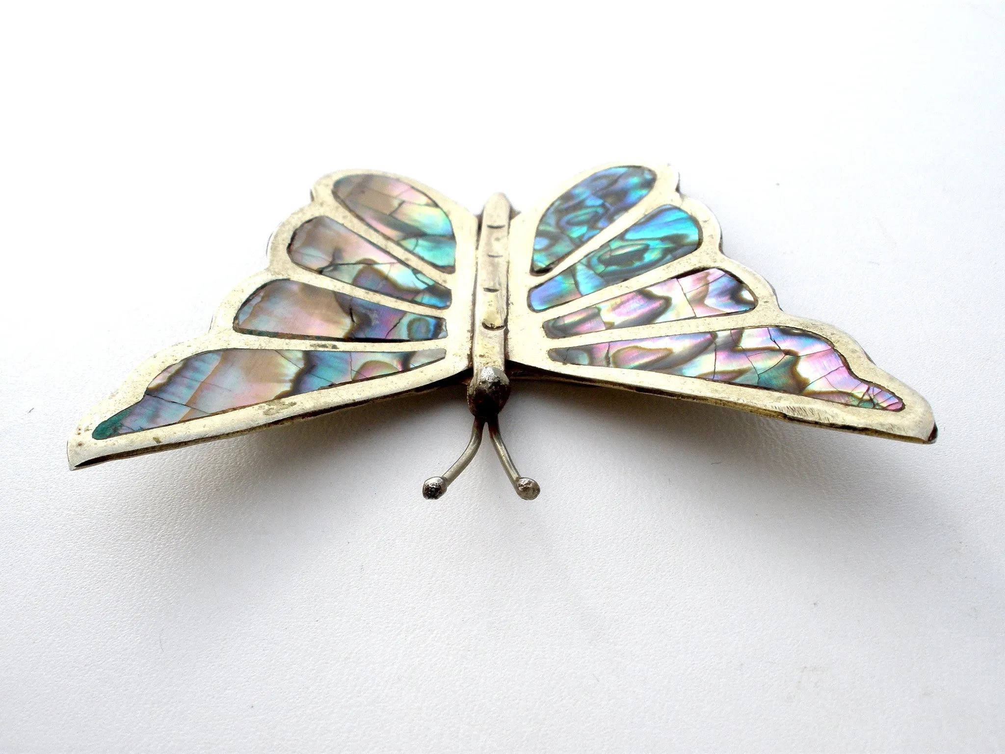 Abalone Shell Butterfly Brooch Pin Sterling Silver Vintage