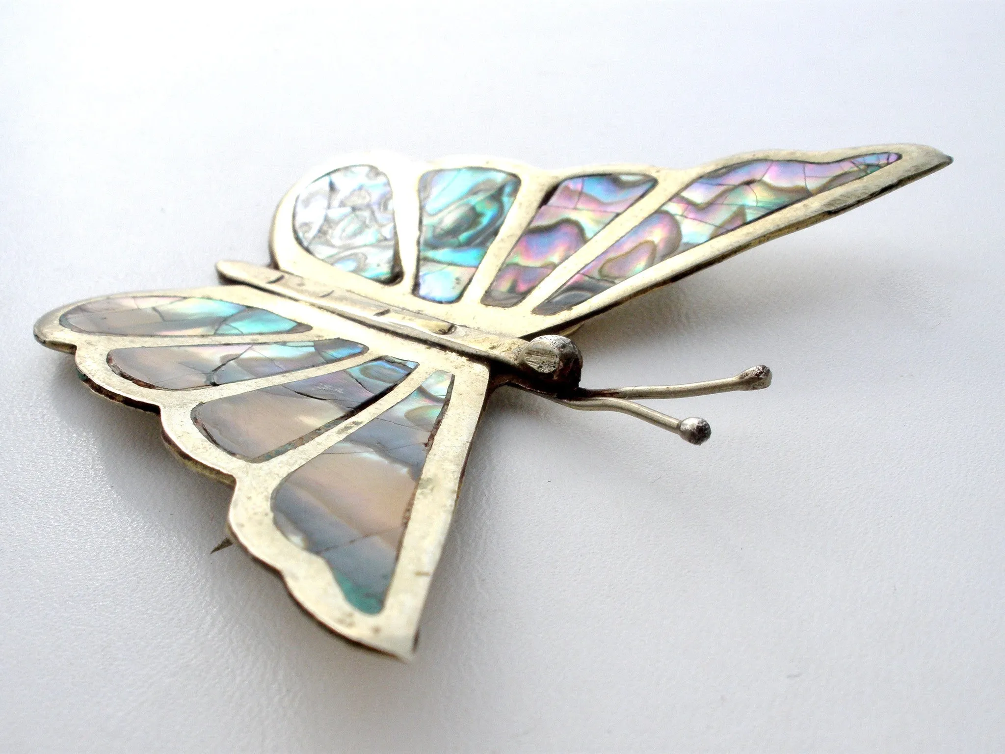 Abalone Shell Butterfly Brooch Pin Sterling Silver Vintage