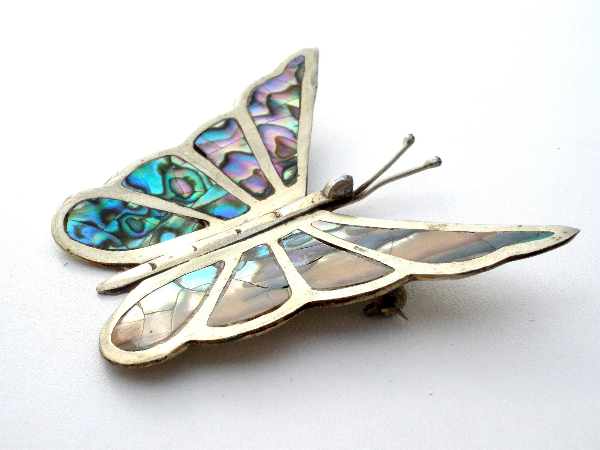 Abalone Shell Butterfly Brooch Pin Sterling Silver Vintage