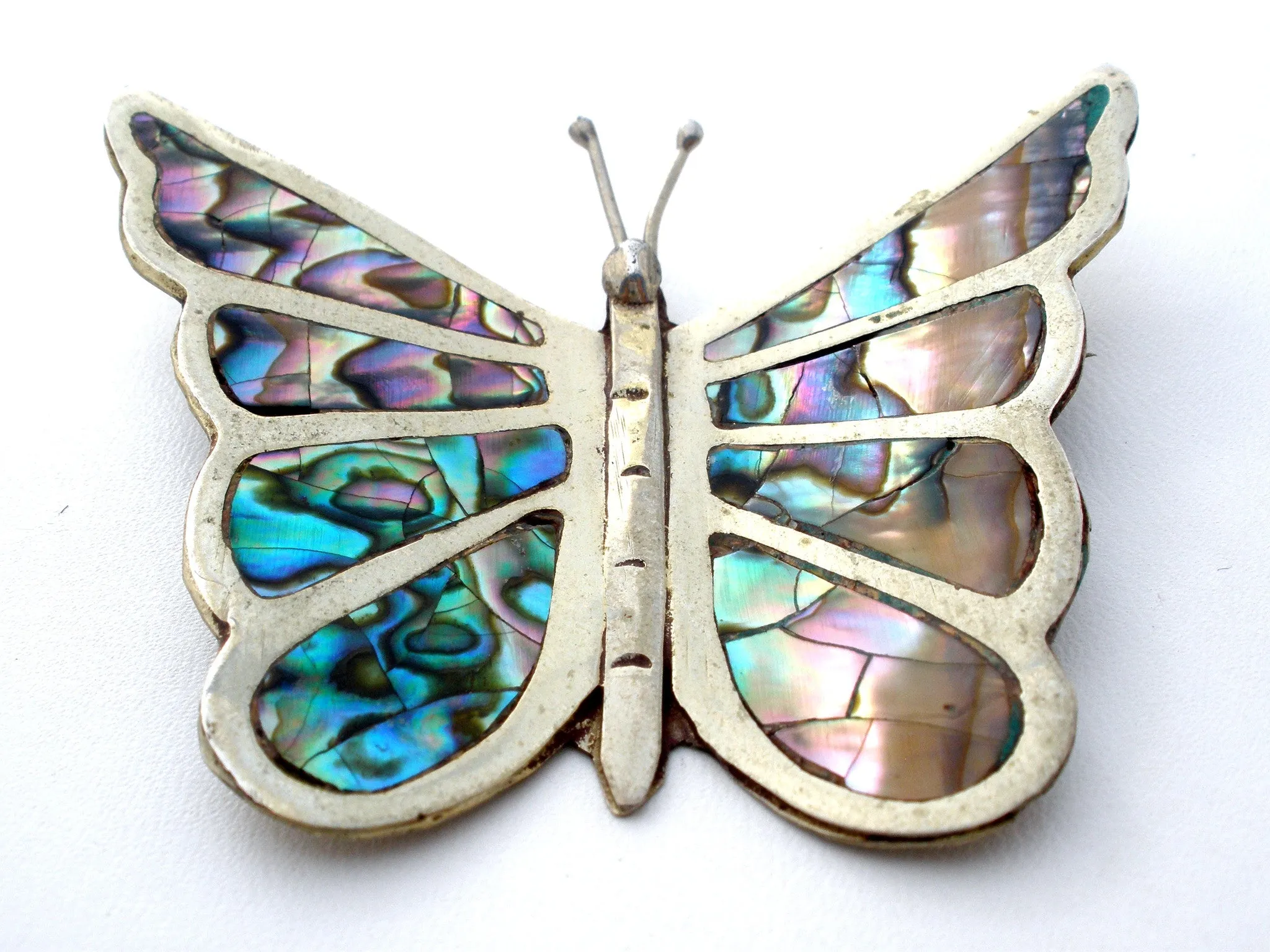 Abalone Shell Butterfly Brooch Pin Sterling Silver Vintage