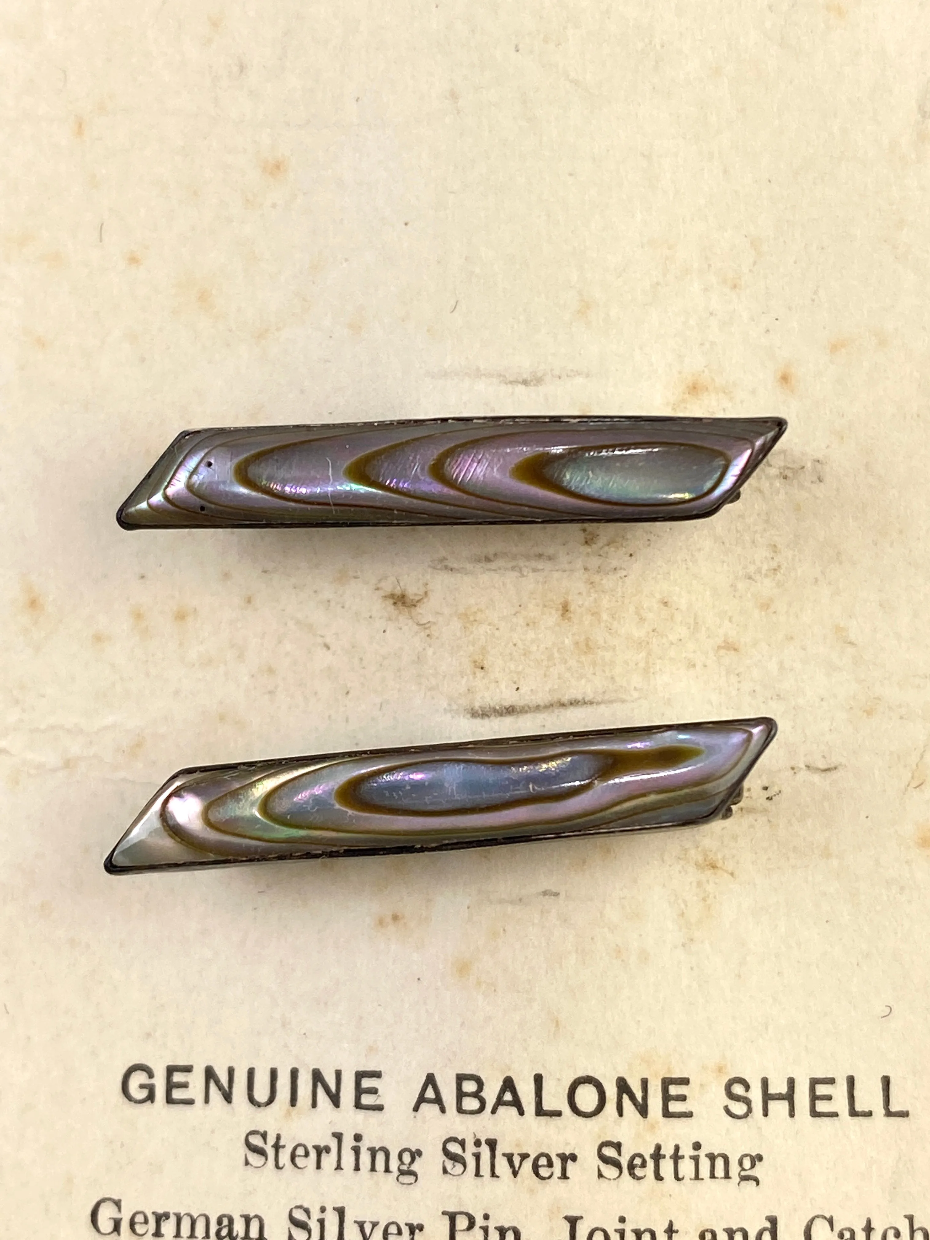 Antique 1910s Silver Angled Rectangular Abalone Shell Lingerie Pins