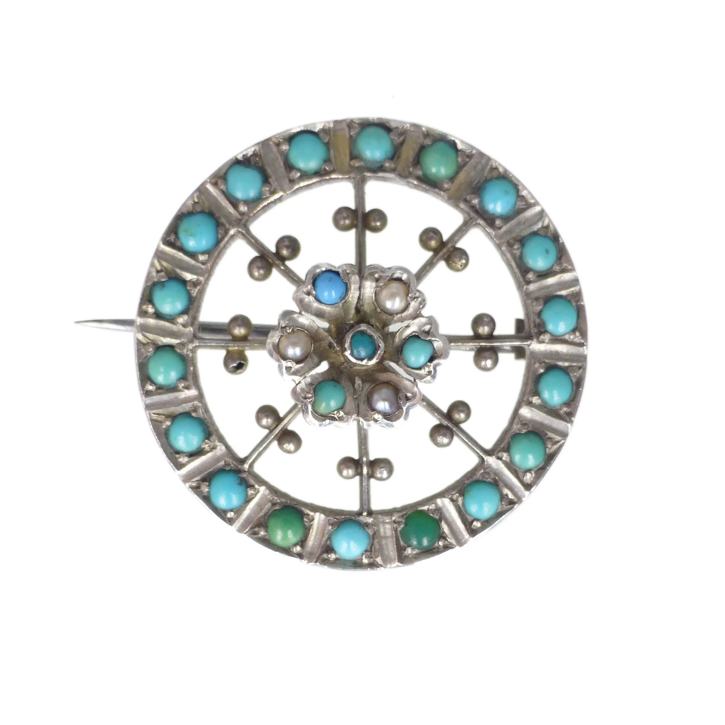 Antique Silver Turquoise Floral Brooch