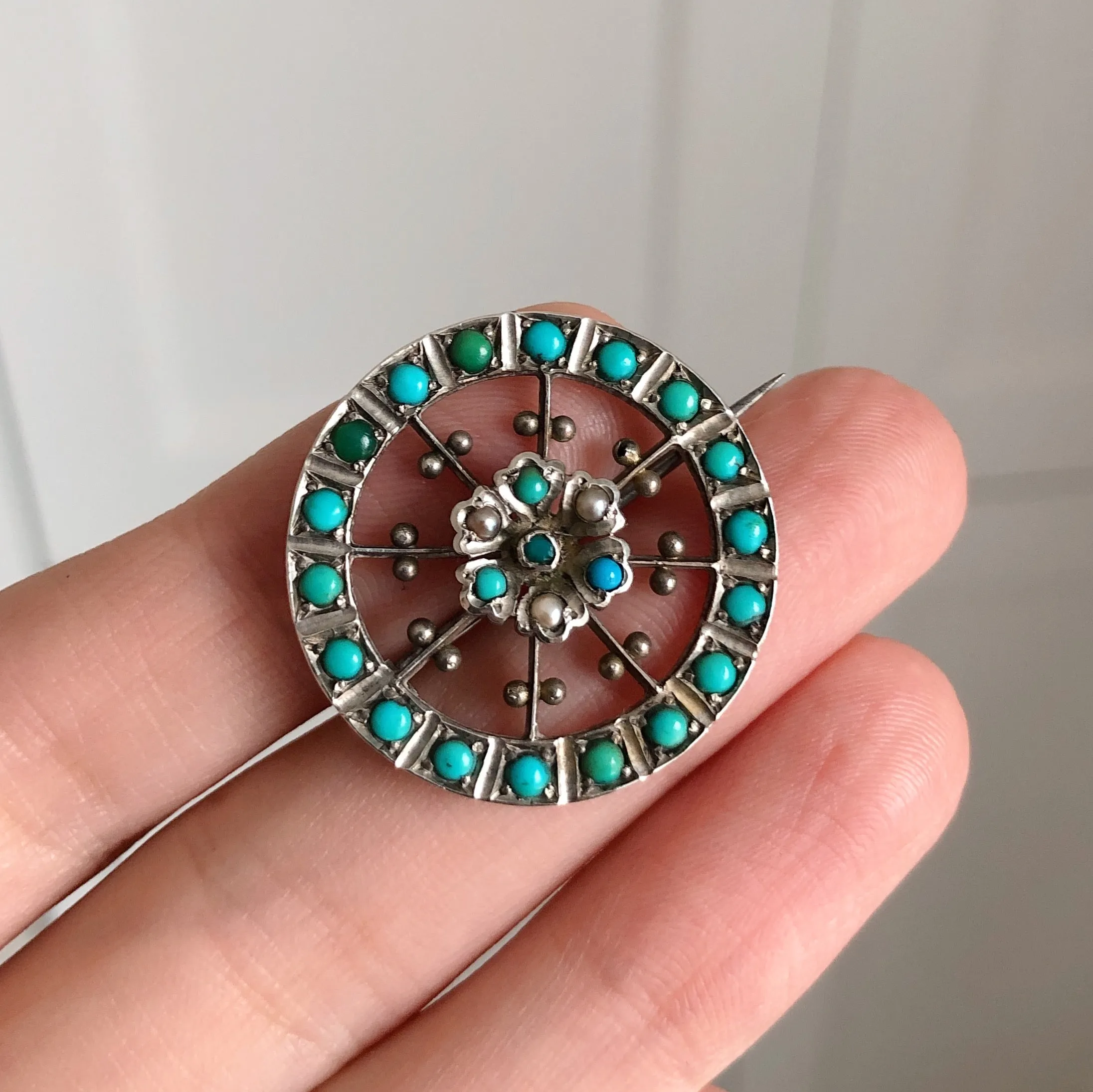 Antique Silver Turquoise Floral Brooch