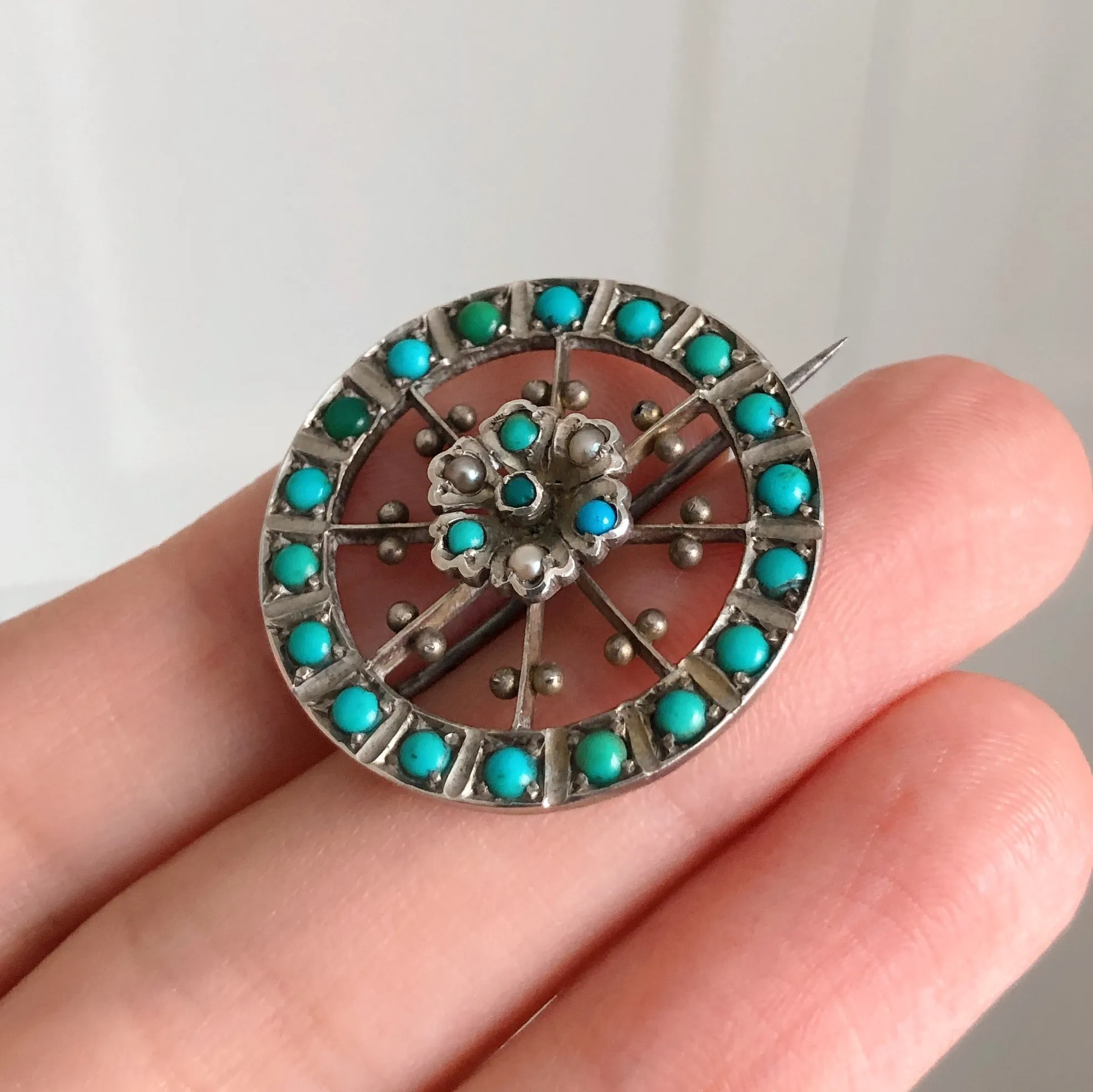 Antique Silver Turquoise Floral Brooch