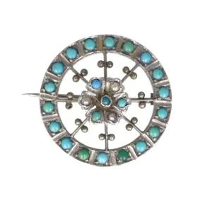 Antique Silver Turquoise Floral Brooch