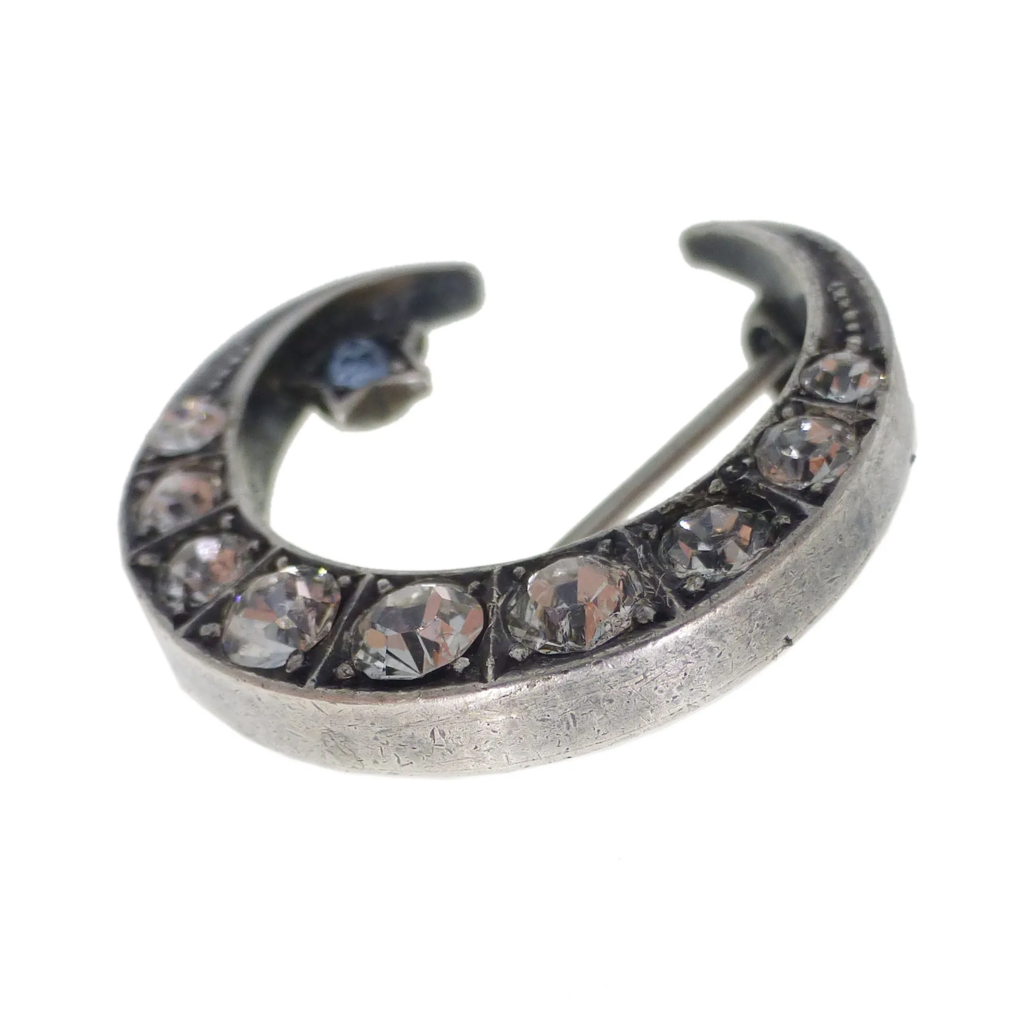 Antique Victorian Silver Crescent Moon Paste Brooch