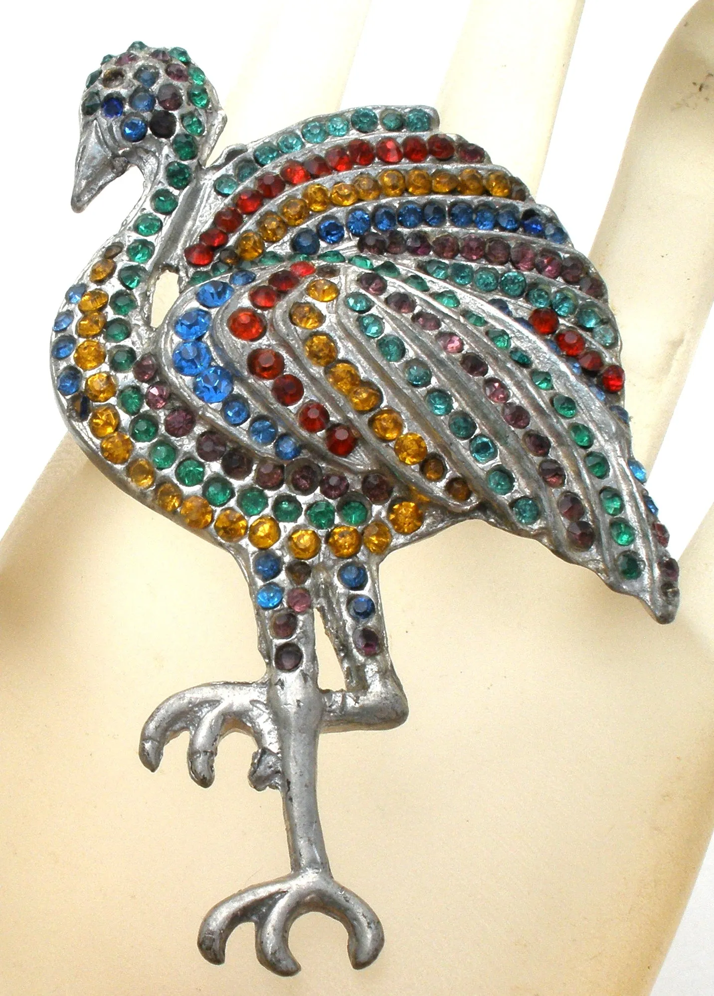 Art Deco Glass Rhinestone Flamingo Brooch Pin