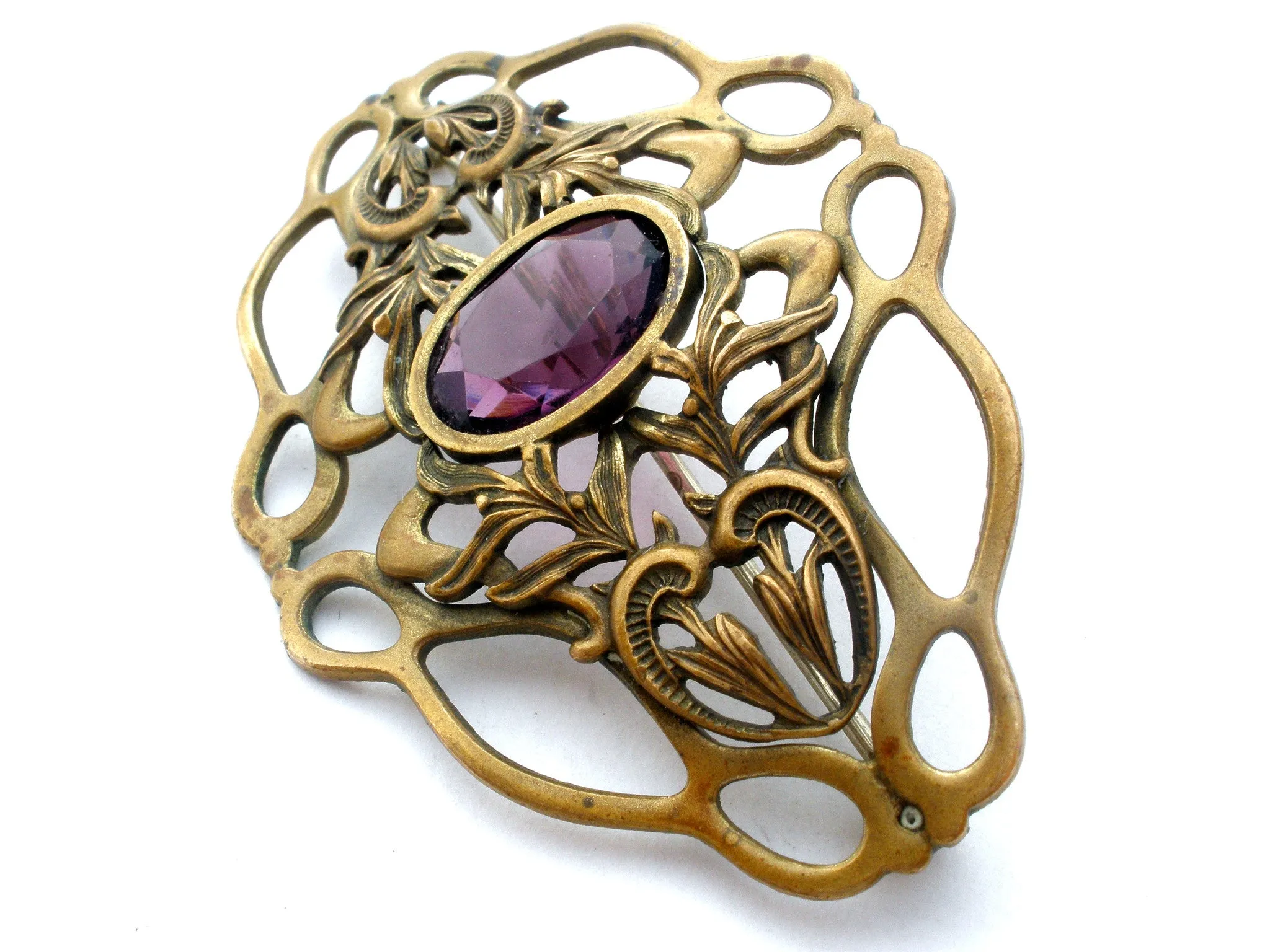 Art Nouveau Gilt Amethyst Brooch