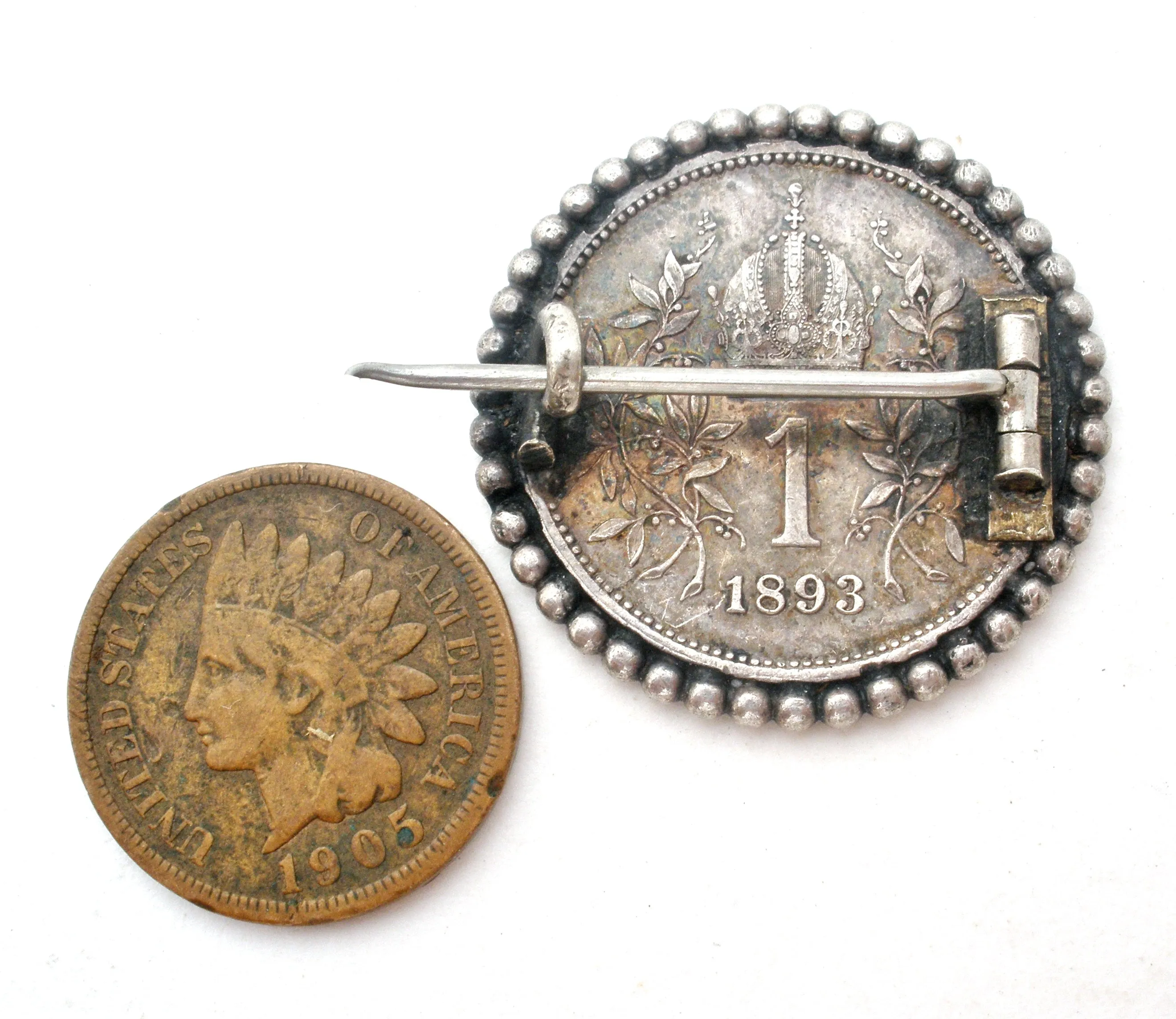 Austria 1893 Silver Corona Coin Brooch Antique