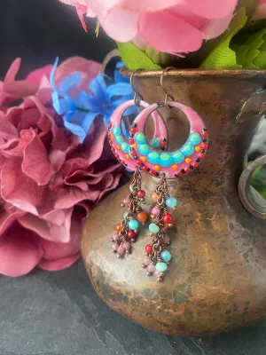 Blue, orange, Pink enamel charms, pink tourmaline, aquamarine, coral, agate stone, bronze metal, earrings