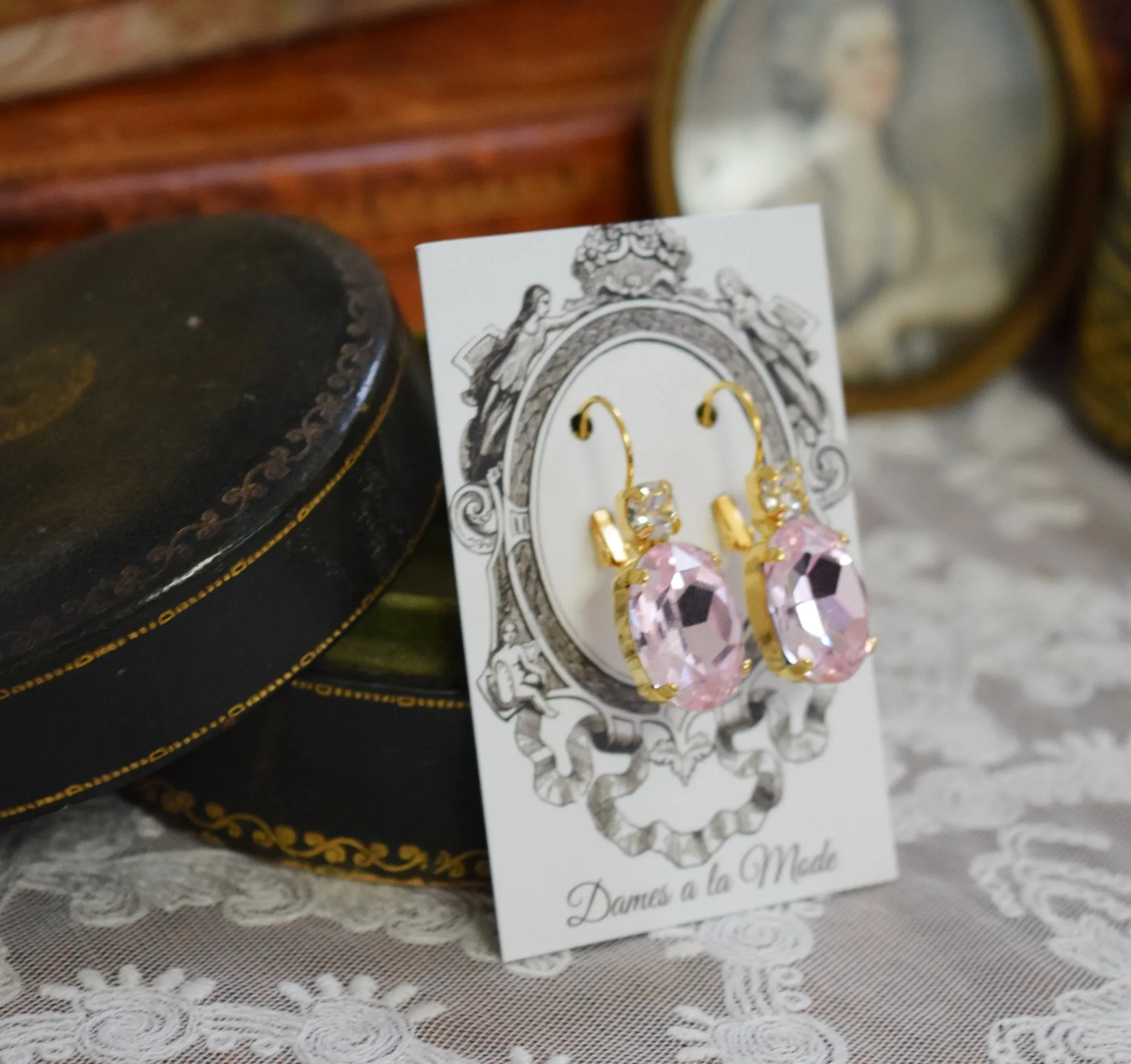 Blush Pink Crystal Earrings - Large Oval 2 stone