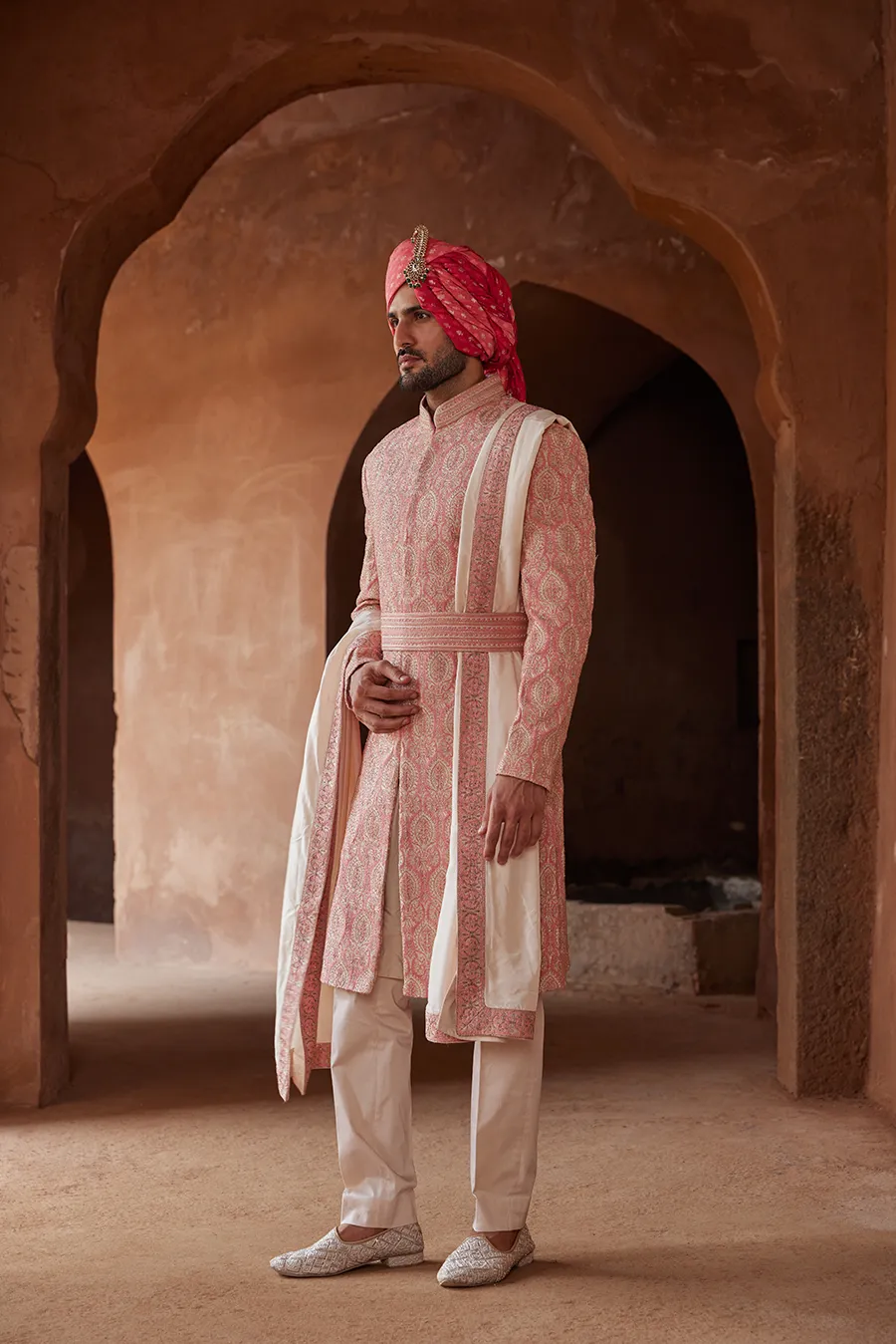 CORAL MATKA SILK SHERWANI KURTA TROUSER SET