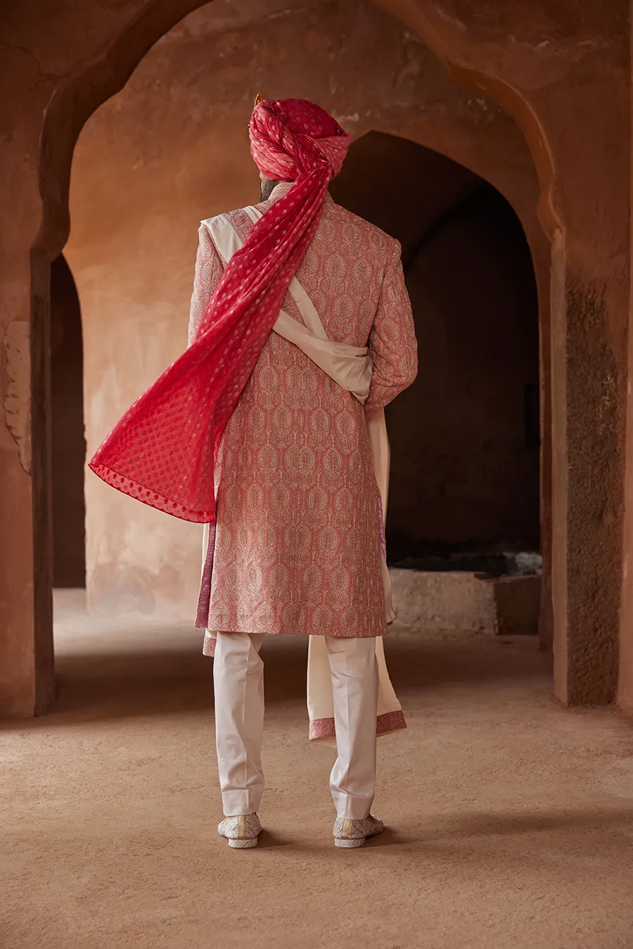 CORAL MATKA SILK SHERWANI KURTA TROUSER SET