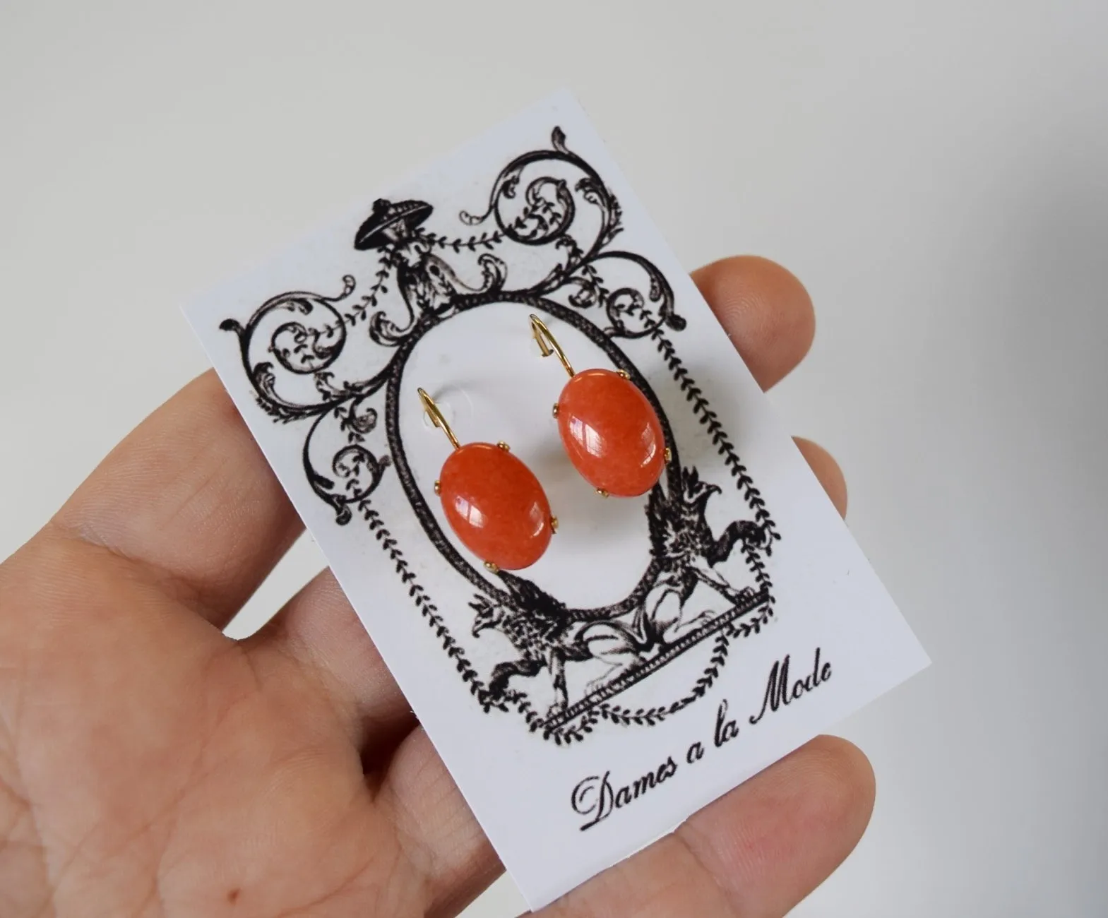 Coral Stone Earrings - Medium Oval