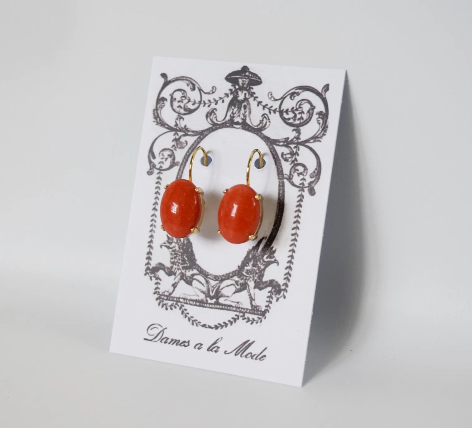 Coral Stone Earrings - Medium Oval