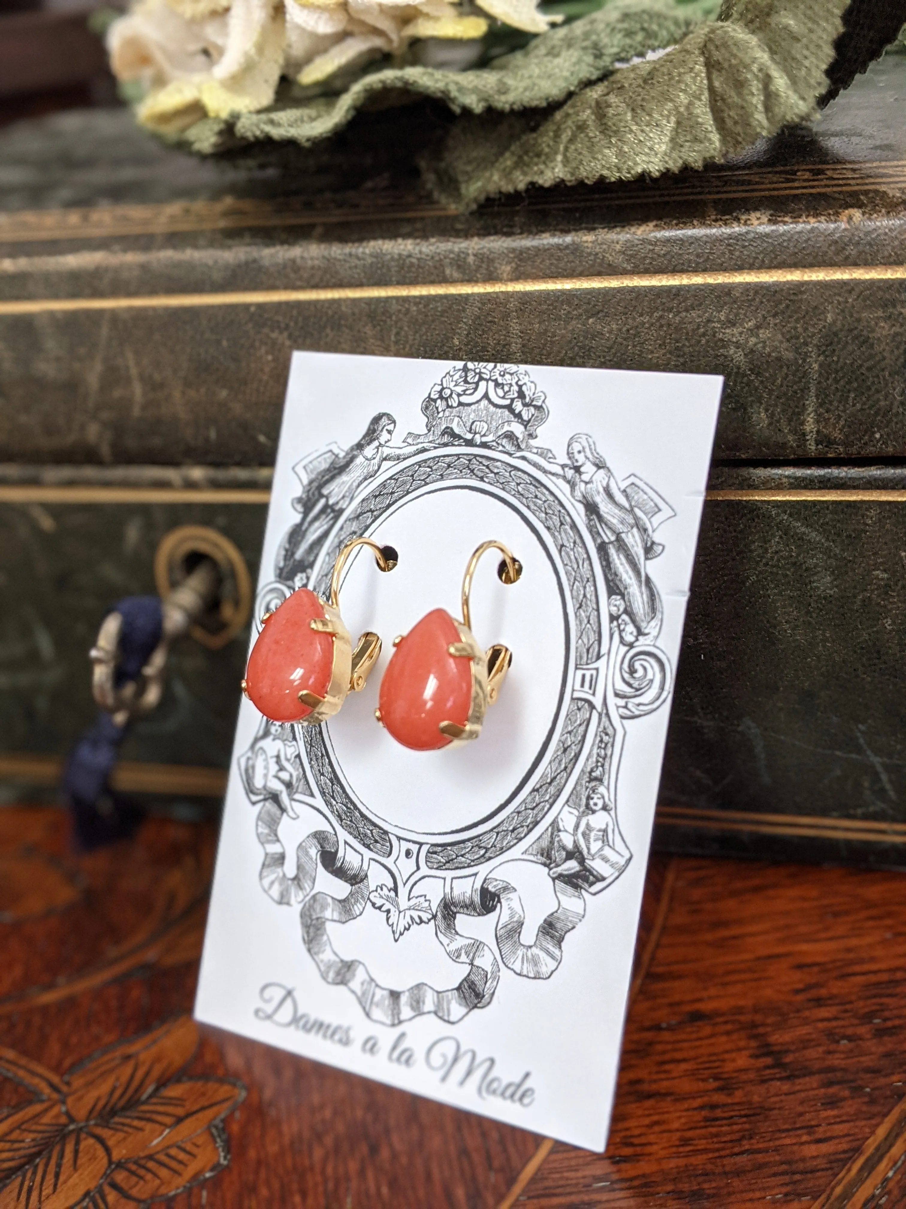 Coral Stone Teardrop Earrings - Medium