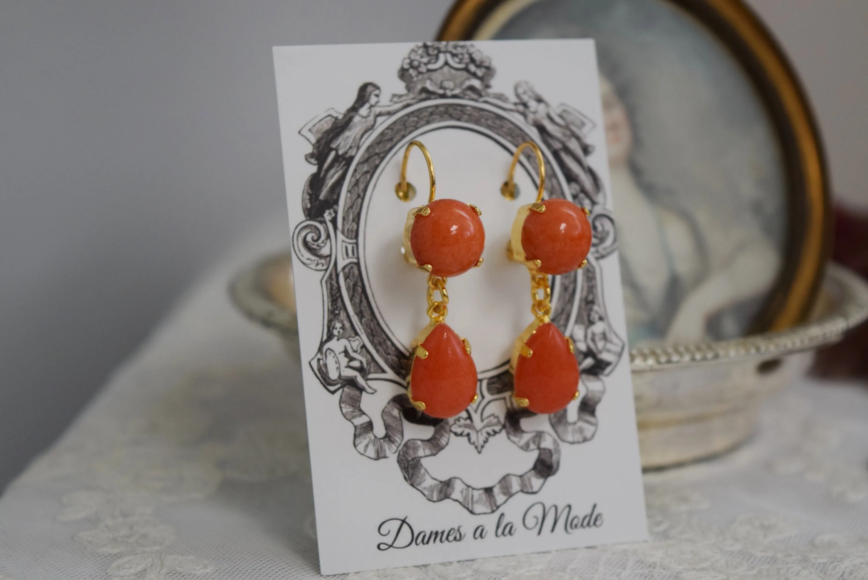 Coral Two Stone Earrings - Round and Teardrop