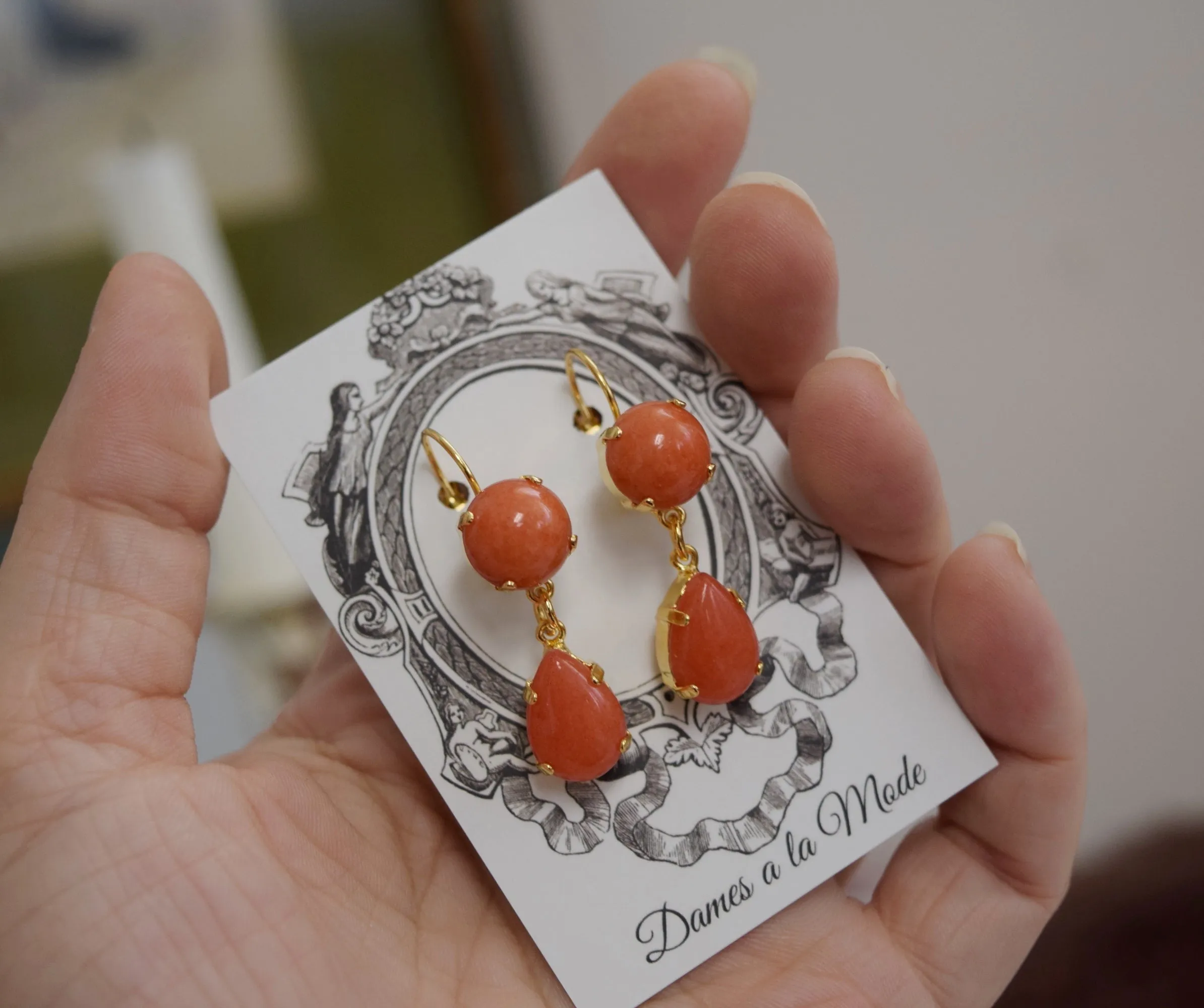 Coral Two Stone Earrings - Round and Teardrop