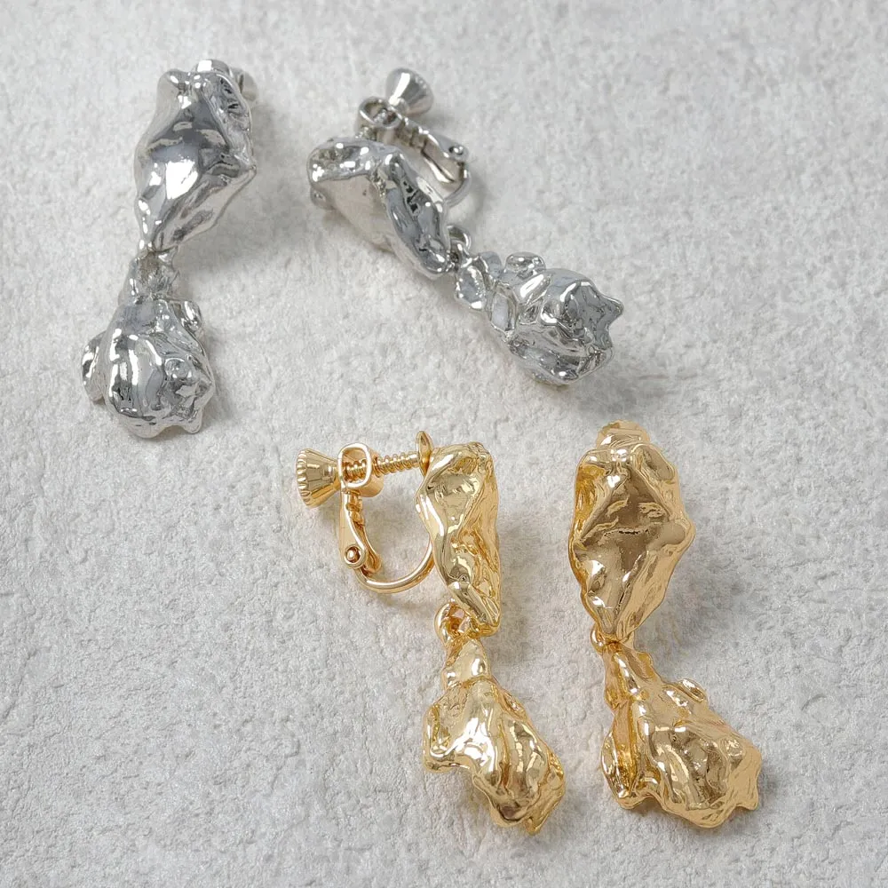 Crushed Metal Drop Clip On Earrings