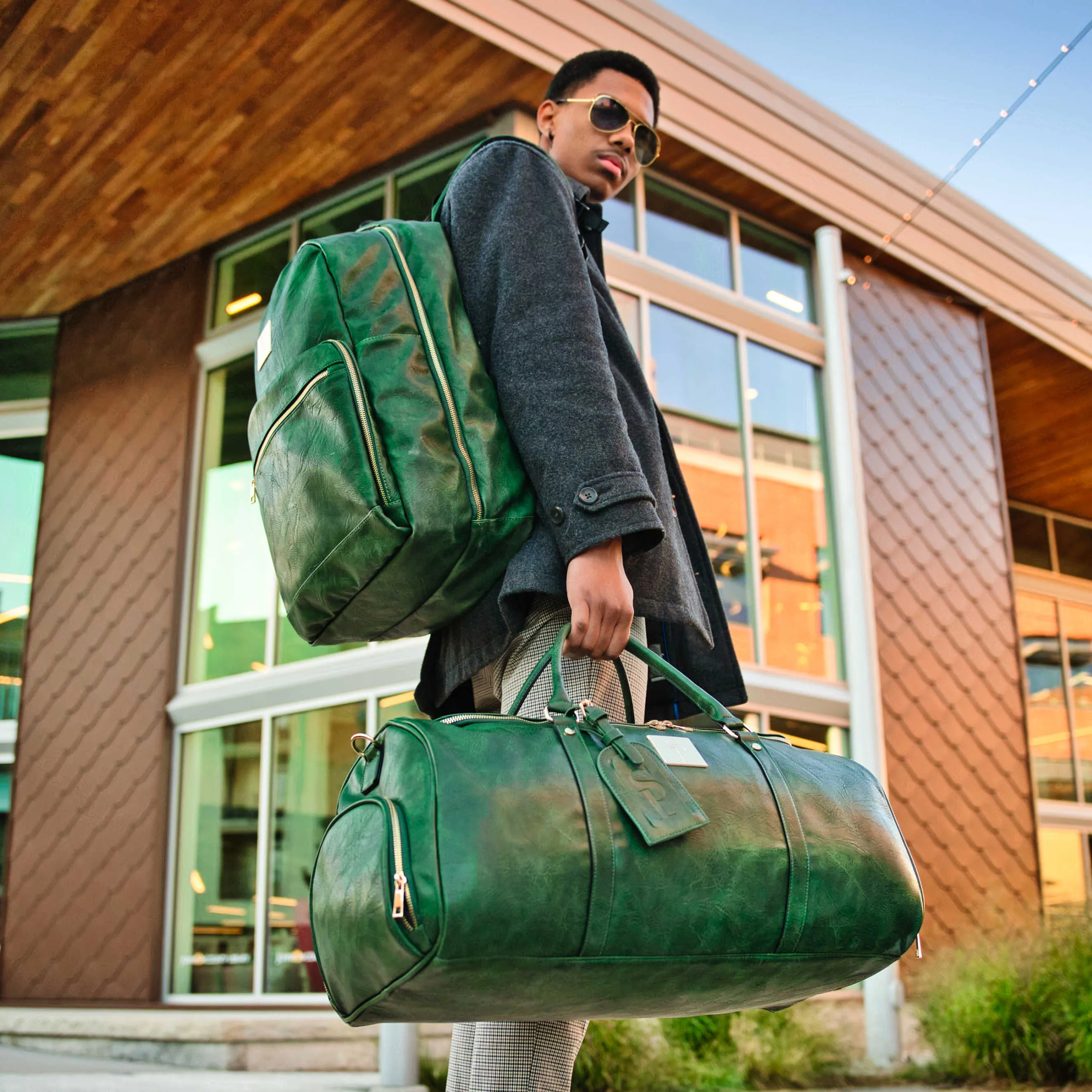 Emerald Green Tumbled Leather 2 Bag Set (Commuter Backpack and Duffle)