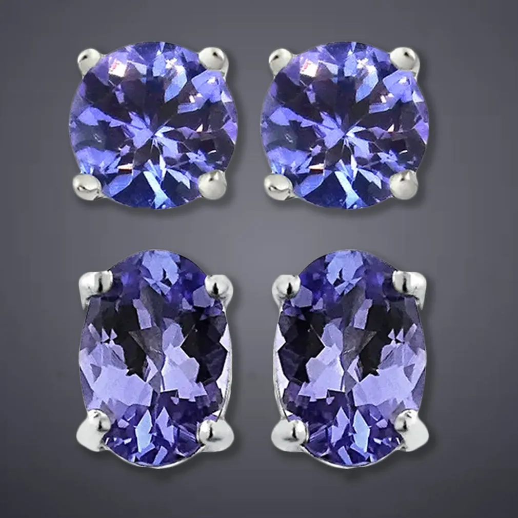 Genuine Tanzanite Round or Oval Shaped Studs