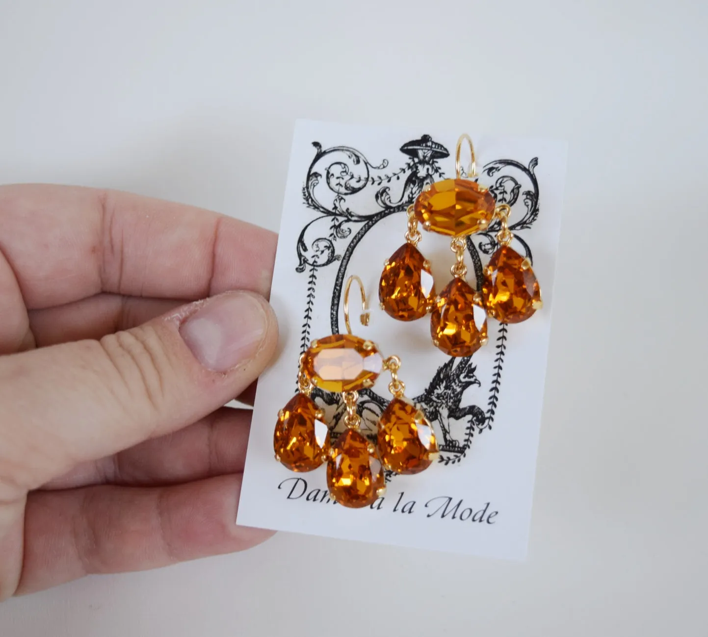 Girandole Earrings - Large Pear Swarovski Orange Topaz