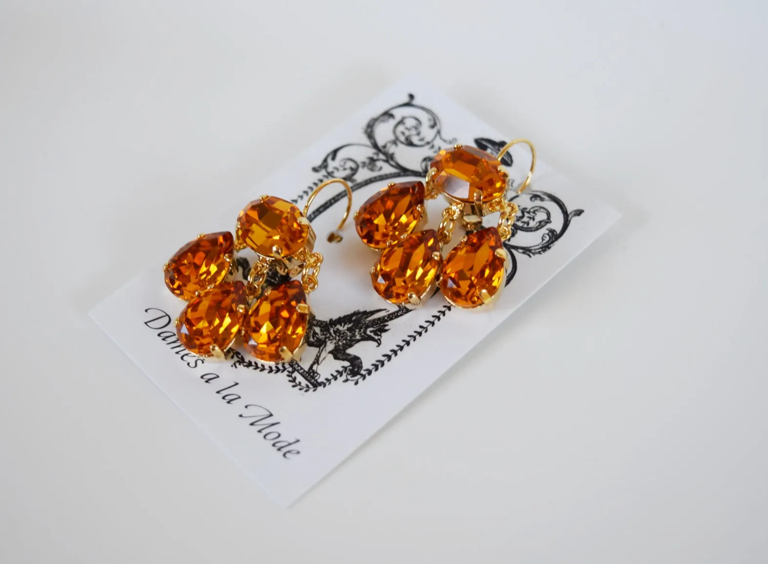 Girandole Earrings - Large Pear Swarovski Orange Topaz