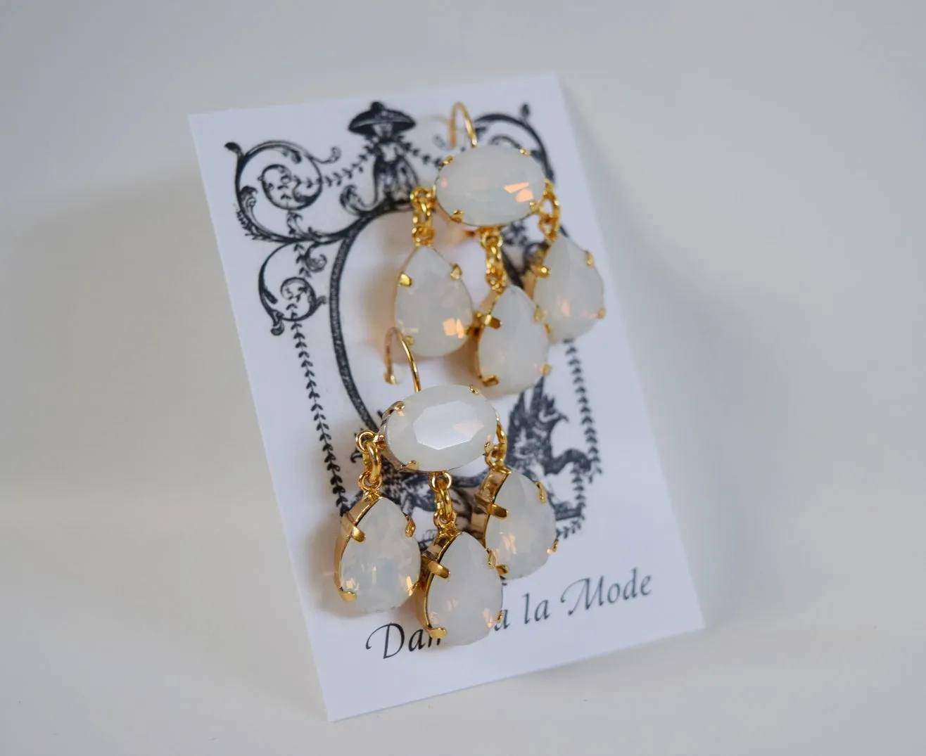 Girandole Earrings - Large Pear White Opaline