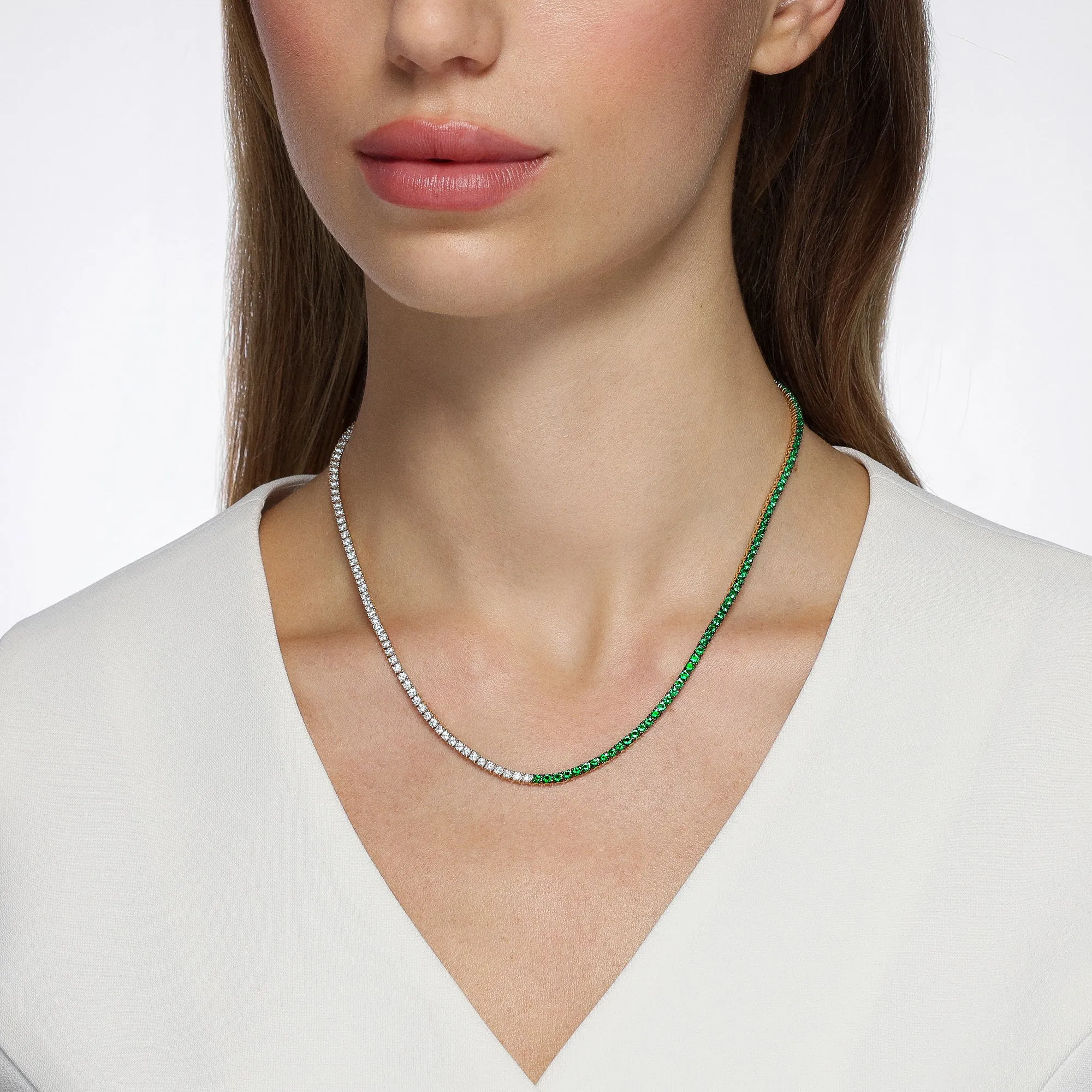 Half and Half Emerald and Diamond Tennis Necklace