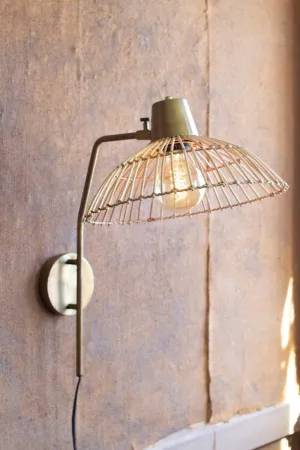 Kalalou Antique Brass Finish Wall Lamp With Rattan Shade