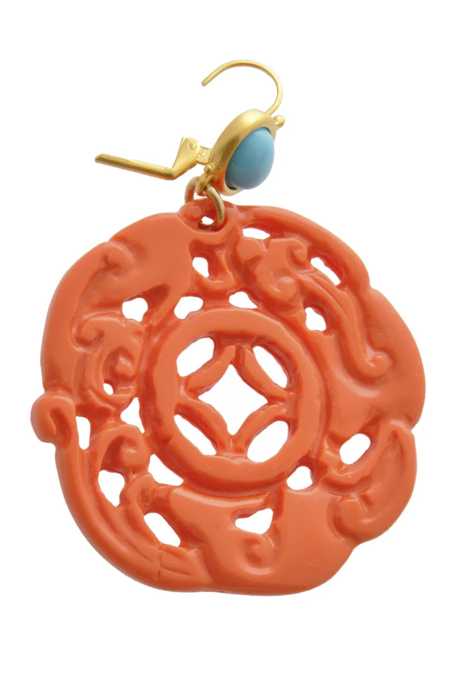 KENNETH JAY LANE ROUND BALI Coral Carved Pierced Earrings